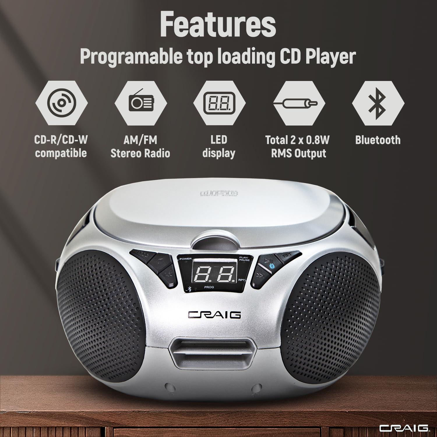 Craig Craig CD6925 Portable Top-Loading Stereo CD Boombox with AM/FM Stereo Radio Bluetooth Wireless and AUX Port (Silver, Bluetooth)