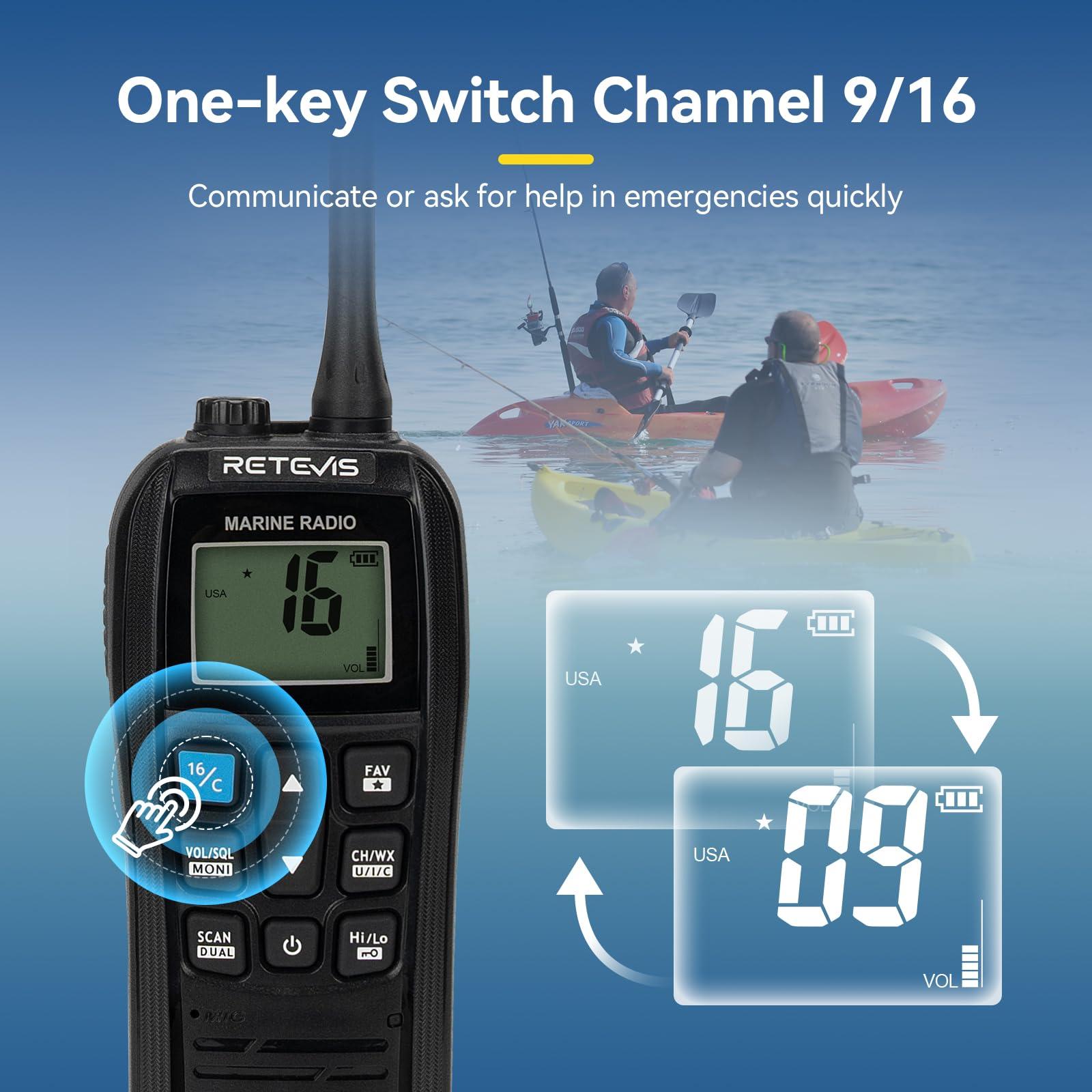 Retevis Retevis RM22 Marine Radio, IP67 Waterproof Handheld Floating Radio, High Power, Noise Cancelling Mic, Backlit LCD Display, NOAA Weather, 2200mAh Battery, USB Charging, Boat Radios(1 Pack)