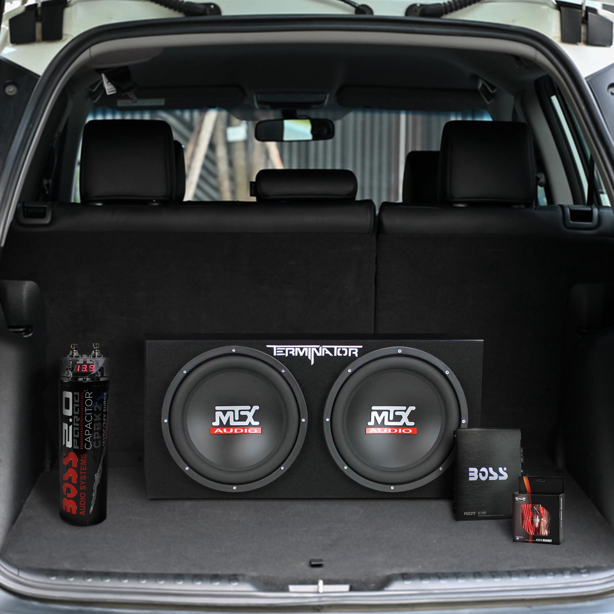 MTX MTX 12 Inch 1200 Watt 4 Ohm Dual Loaded Car Audio Subwoofer Package with Sub Enclosure, Boss 1100W Mono A/B Amplifier, Wiring Kit and Capacitor