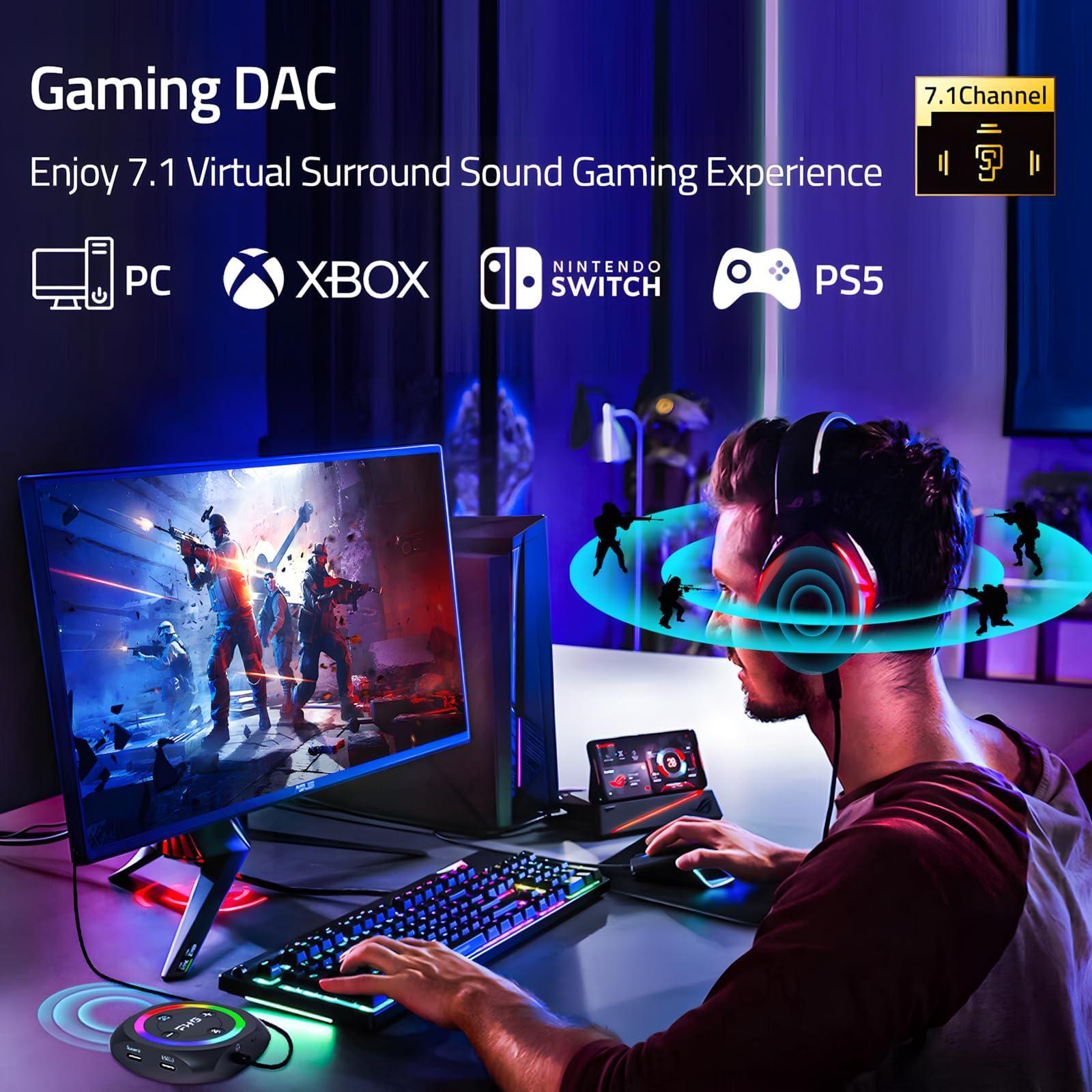 FHG FHG DAC, External USB Sound Card Gaming DAC with 7.1 Virtual Surround Sound for Gaming Headset/PS4/PS5/Xbox One, 5 in 1 Hub, Supports AI Noise Cancellation w/Mic