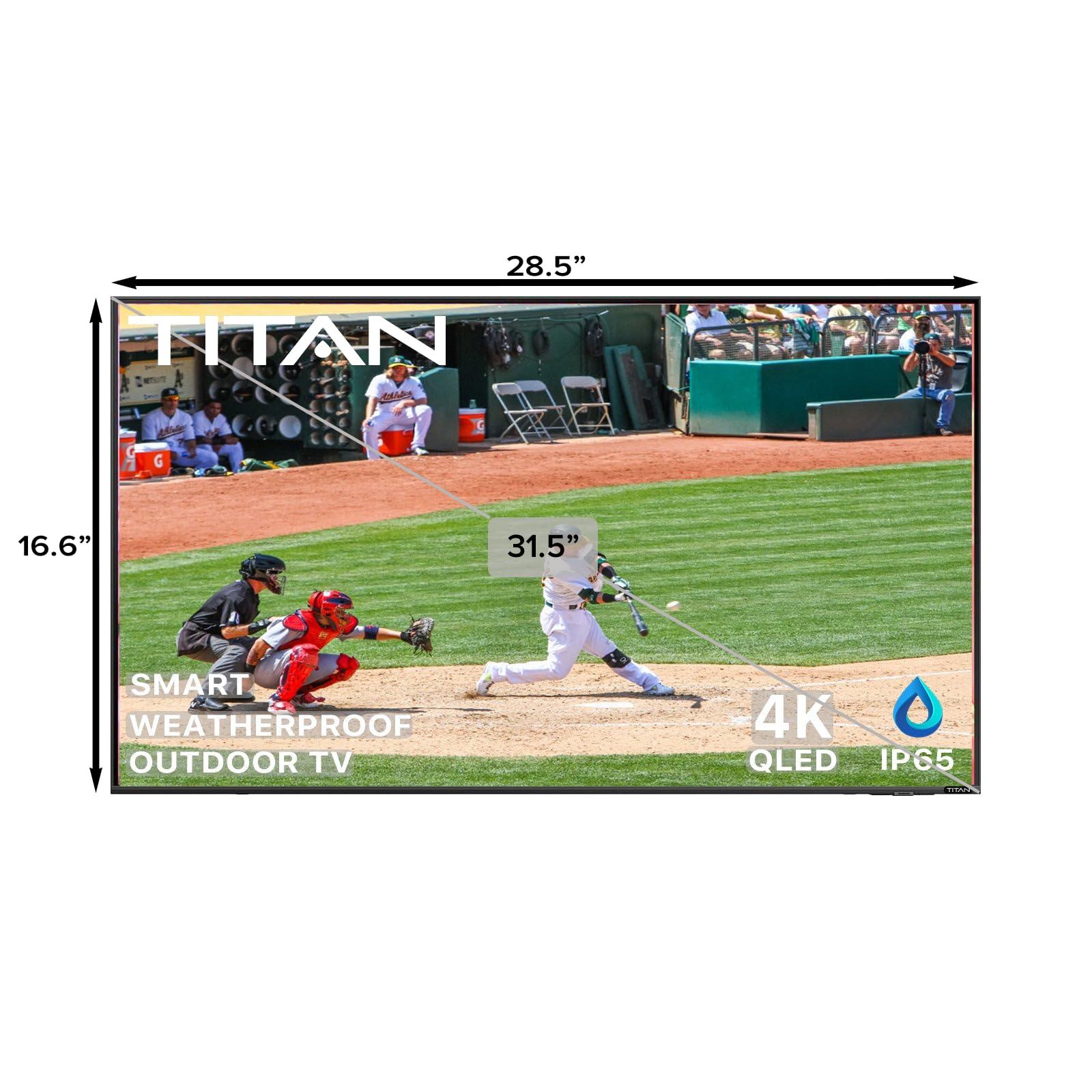 Titan Titan 32 Inch Partial Sun Outdoor TV 4K QLED IP65 Weatherproof Smart TV,Tizen OS, Thin Bezel, SmartThings,WiFi,Bluetooth,eARC HDMI,USB,Alexa,Quantum HDR+,450 Nits