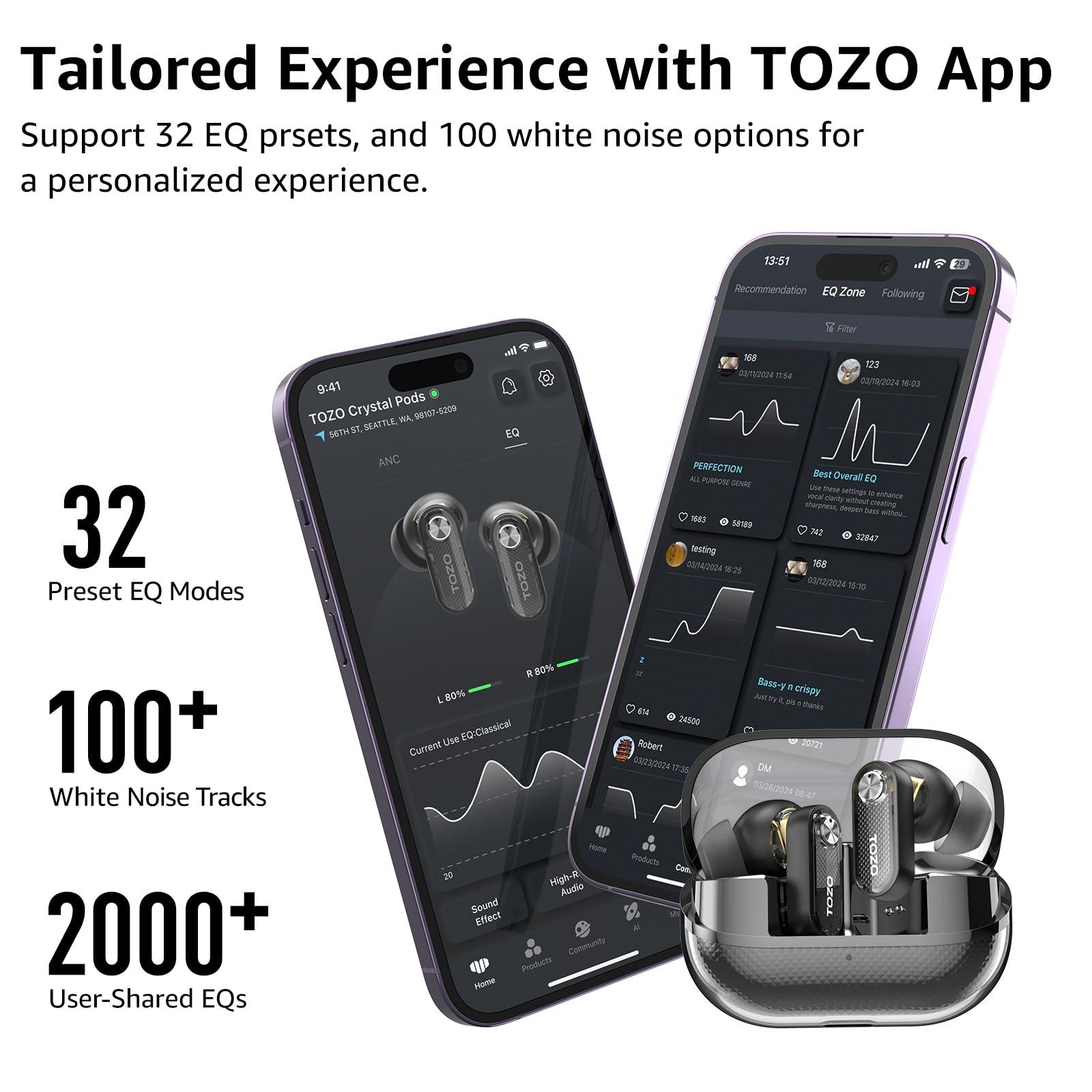 TOZO TOZO Crystal Pods Hybrid Active Noise Cancelling Wireless Earbuds, 10mm Drivers Deep Bass Stereo Sound, 4 Mics Smart ENC AI Calls, 32 EQ via App, Bluetooth 5.4 Headphones, Crystal Case Design