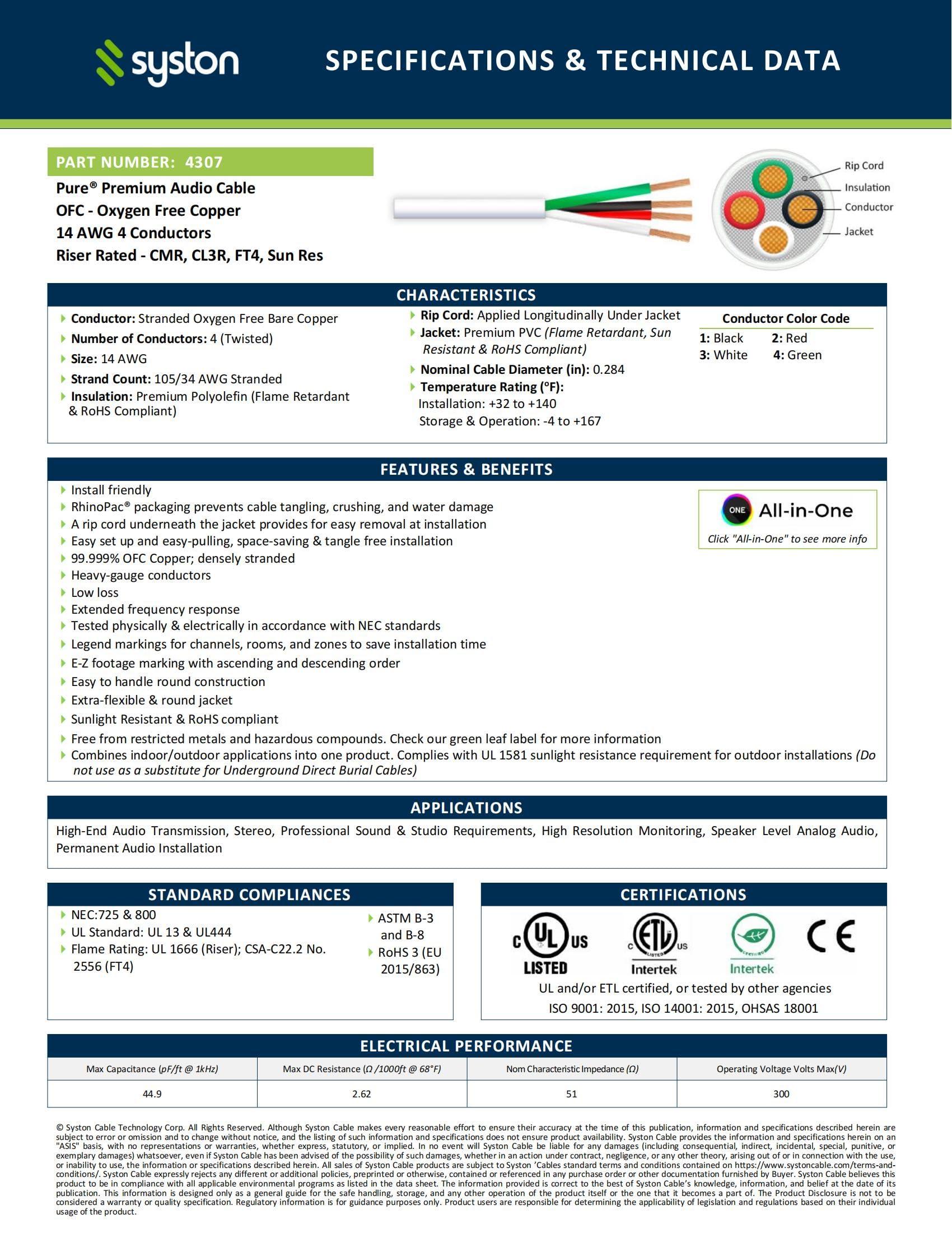 Syston Cable Technology SYSTON 14/4 Speaker Audio Cable Wire Bulk, 14AWG 4C Strand OFC - Oxygen Free Copper Conductors, CMR Riser-Rated Indoor/Outdoor UV Resistant RoHS Compliant for Home Theater Car Speakers, White 100 FT