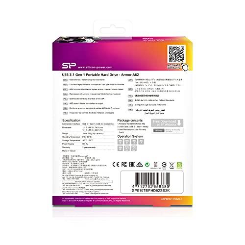 SP Silicon Power SP010TBPHD62SS3K Silicone Power Portable Hard Drive 1TB 2.5 Inch USB 3.1 Gen 1 Compatible IPX4 Equivalent Waterproof Shockproof Slim Type A62 Series 3 Year Warranty