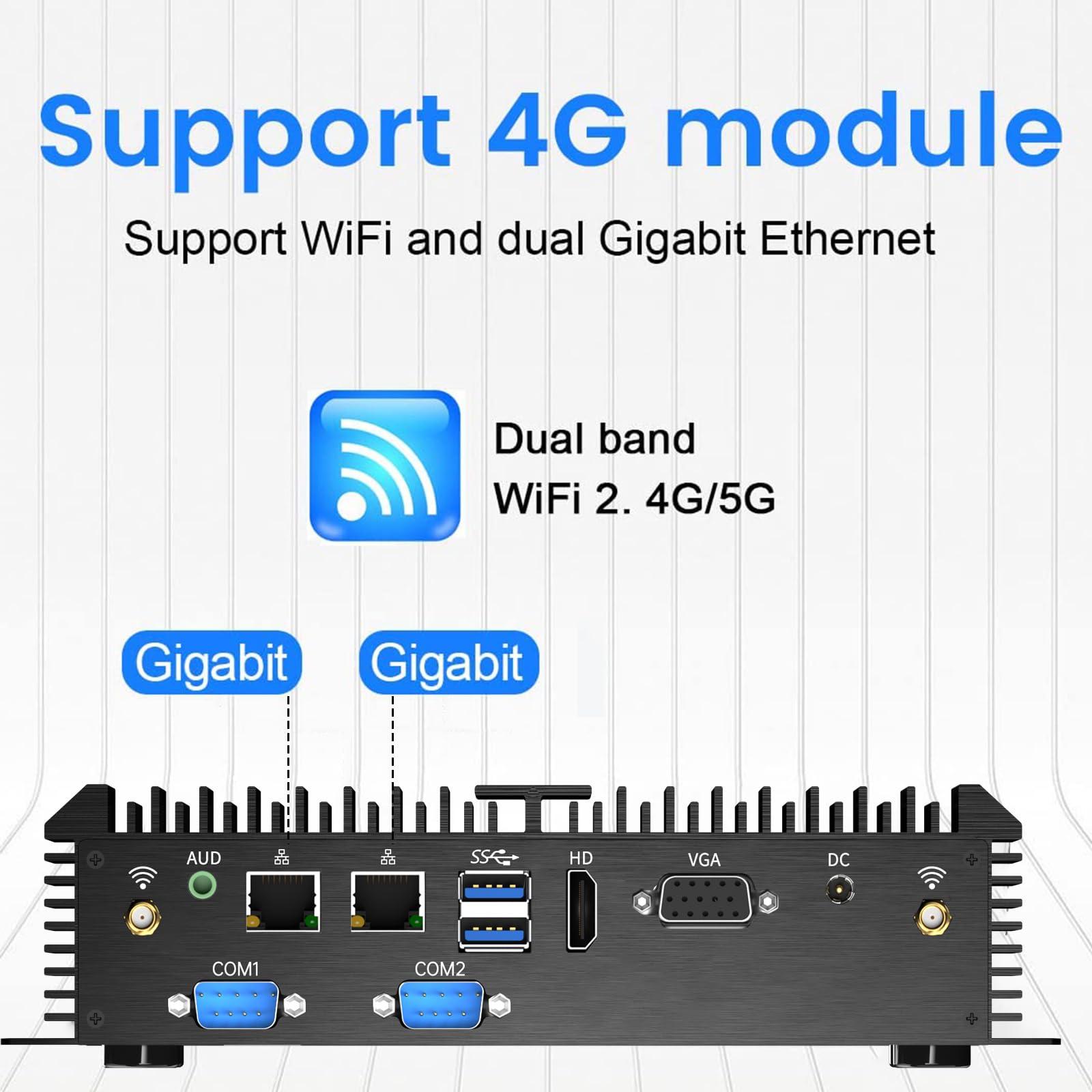 Kinupute Kinupute Fanless Industrial Mini PC, Desktop Computer Core i3-5005U 2.0GHz, Windows 10 Pro, 8G RAM, 128G SSD, 2xNICs, 2xCOM RS232, HDMI/VGA Port, WiFi, Auto Power On, Support 4G Module