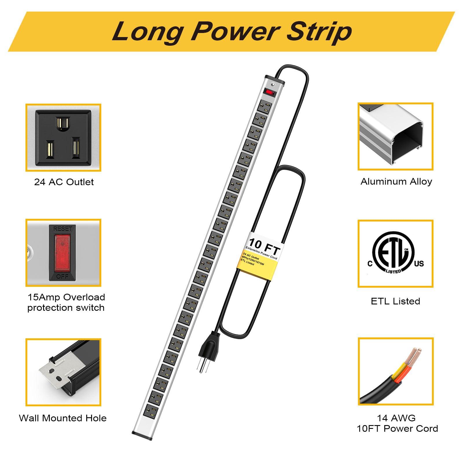 Kungfuking Long Power Strip 24-Outlet ETL Certified Heavy Duty Metal Power Strip 10 ft Extension Cord with Multiple Outlets Garage Workshop Commercial Industrial Power Strip