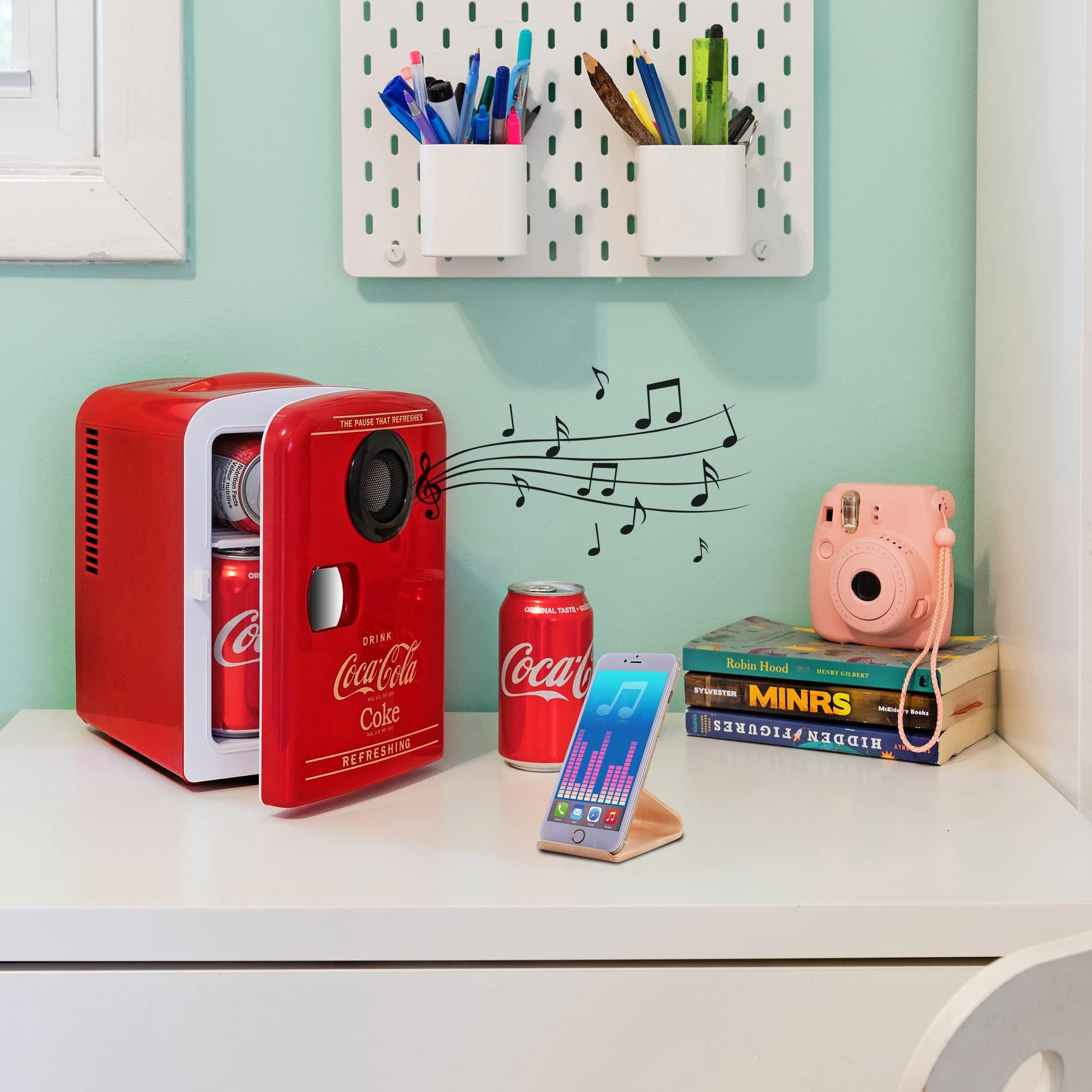 Koolatron Coca-Cola Bluetooth Mini Fridge with Speaker 4L Portable Cooler/Warmer for Home Car RV Iconic Red Design Holds 6 Cans Dual Power Thermoelectric Technology Perfect for Travel and Parties