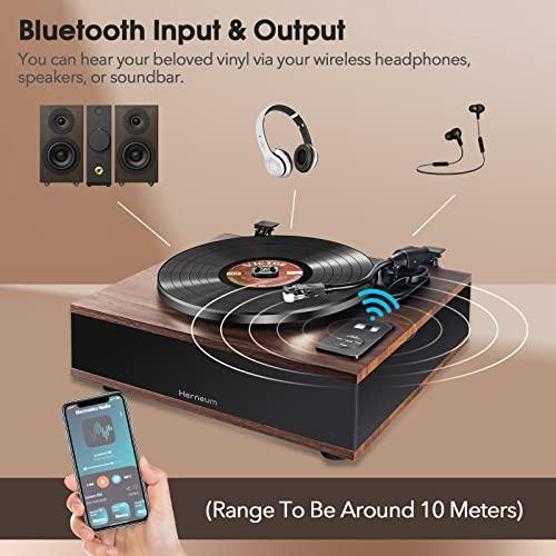 Herneum Record Player Bluetooth, Vintage Turntable with 2 Stereo Speakers Built-in Bluetooth Input Output for Double-Speed Vinyl Record Belt-Drive Manual Turntable Portable Record Player