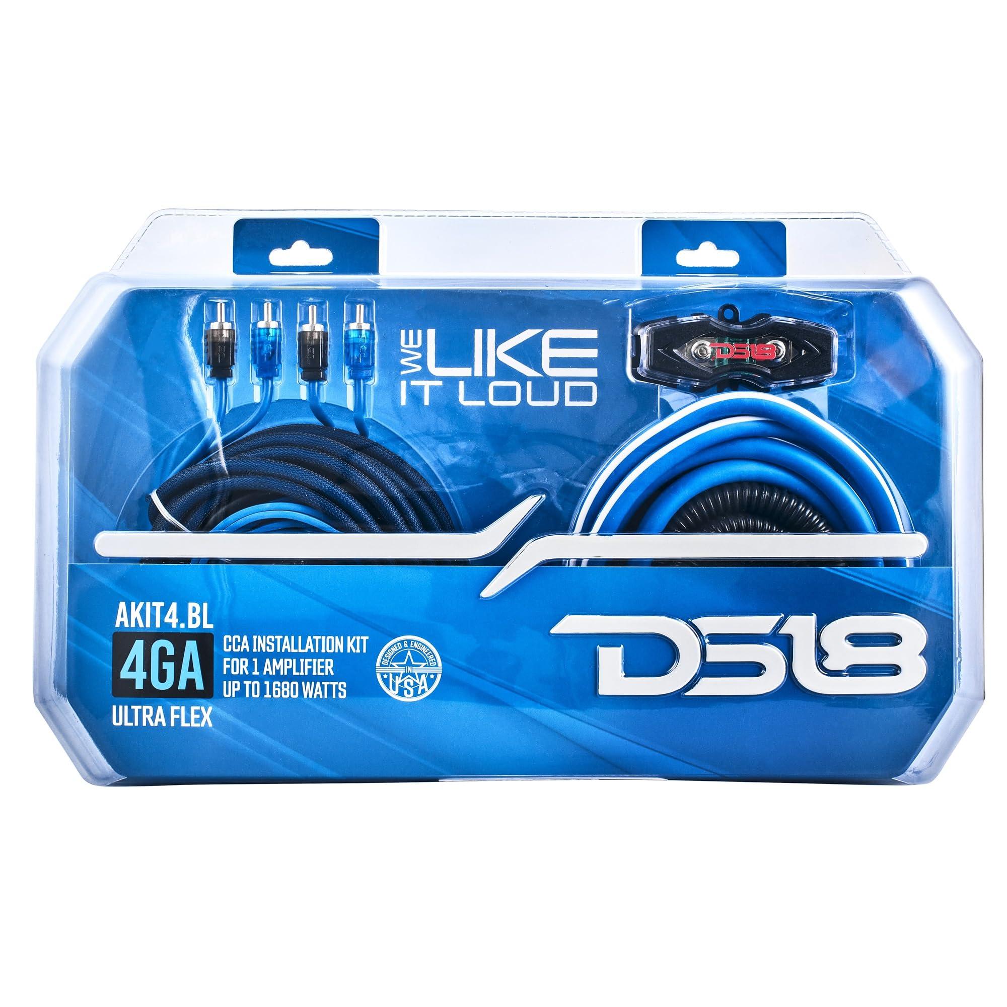 DS18 DS18 AKIT4.BL 4-GA Amplifier Installation Kit Up to 1680 Watts RMS, Mini-ANL Fuse Holder, Speaker & RCA Cables, CCA Amplifier Wiring Kit, Ultra Flex Wire, Amp Wire Kit, Amp Wiring Kit 4 Gauge - Blue