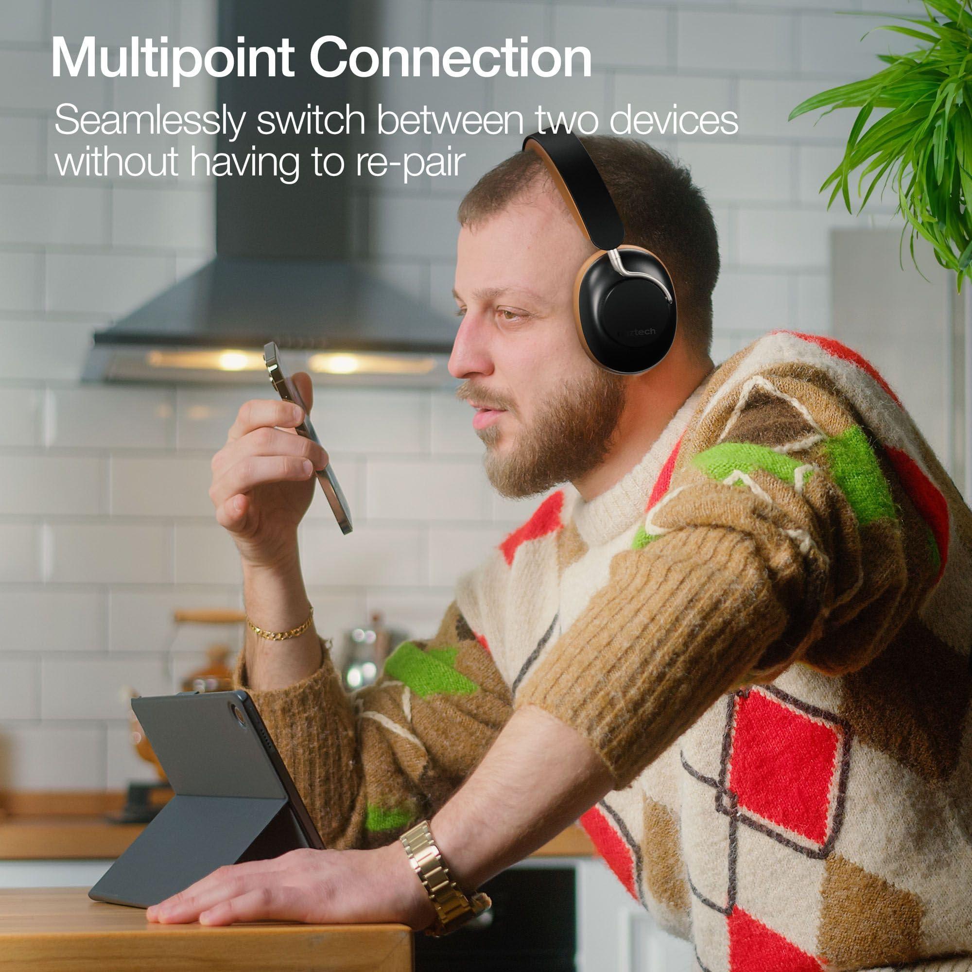 Naztech Naztech Aura 360 Vintage 24HR ANC Over Ear Headphone Wireless, Noise Cancelling Headphones Over Ear, Bluetooth Headphone Gym, Active Noise Cancelling Head Phones, Multipoint Connection Dual Voice Mic