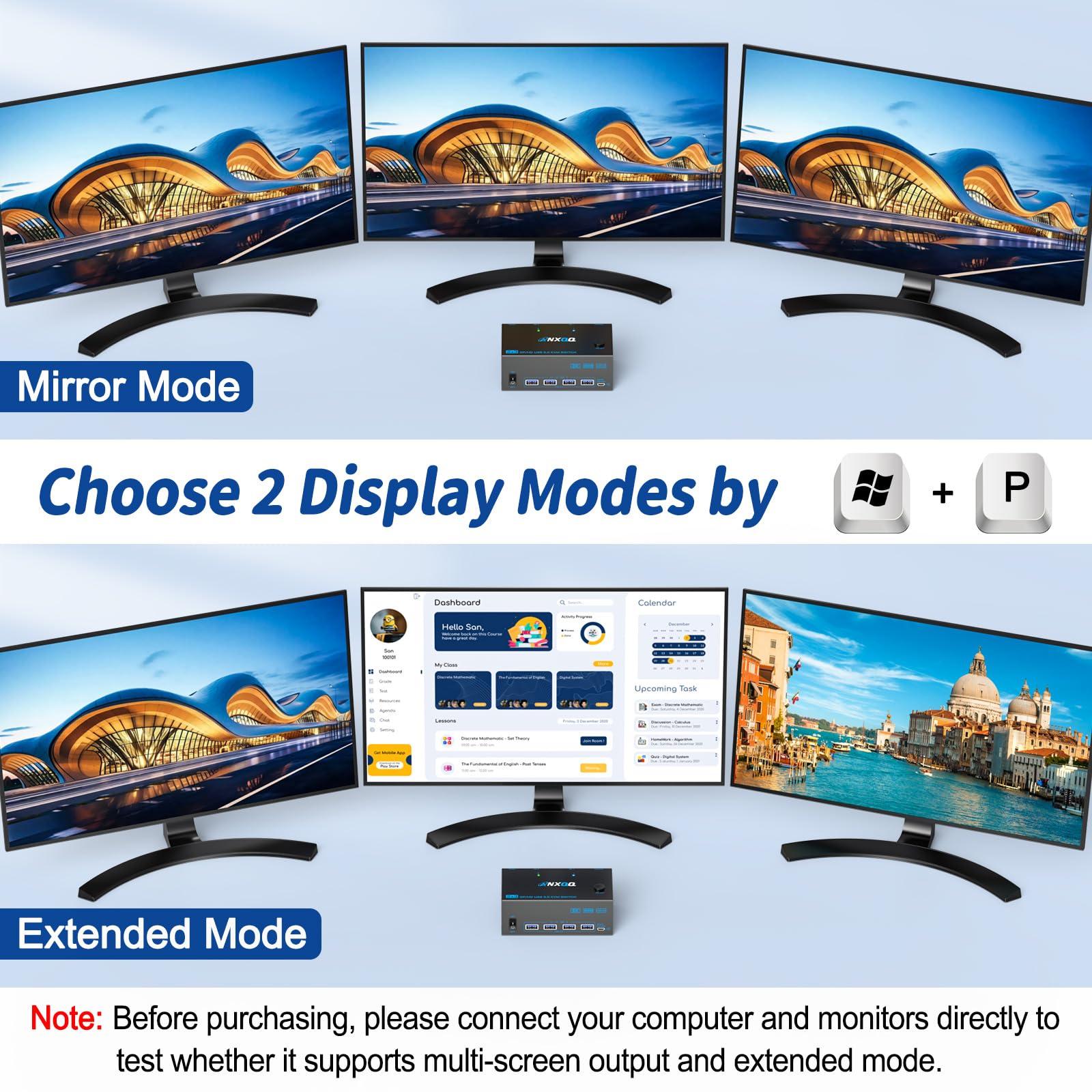 ANXQQ HDMI + 2 Displayport KVM Switch 3 Monitors 2 Computers, ANXQQ 8K@60Hz 4K@144Hz Triple Monitor KVM, Monitor Switch for 2 Computers 3 Monitors with 4 USB 3.0 Ports, Wired Remote and Power Adapter