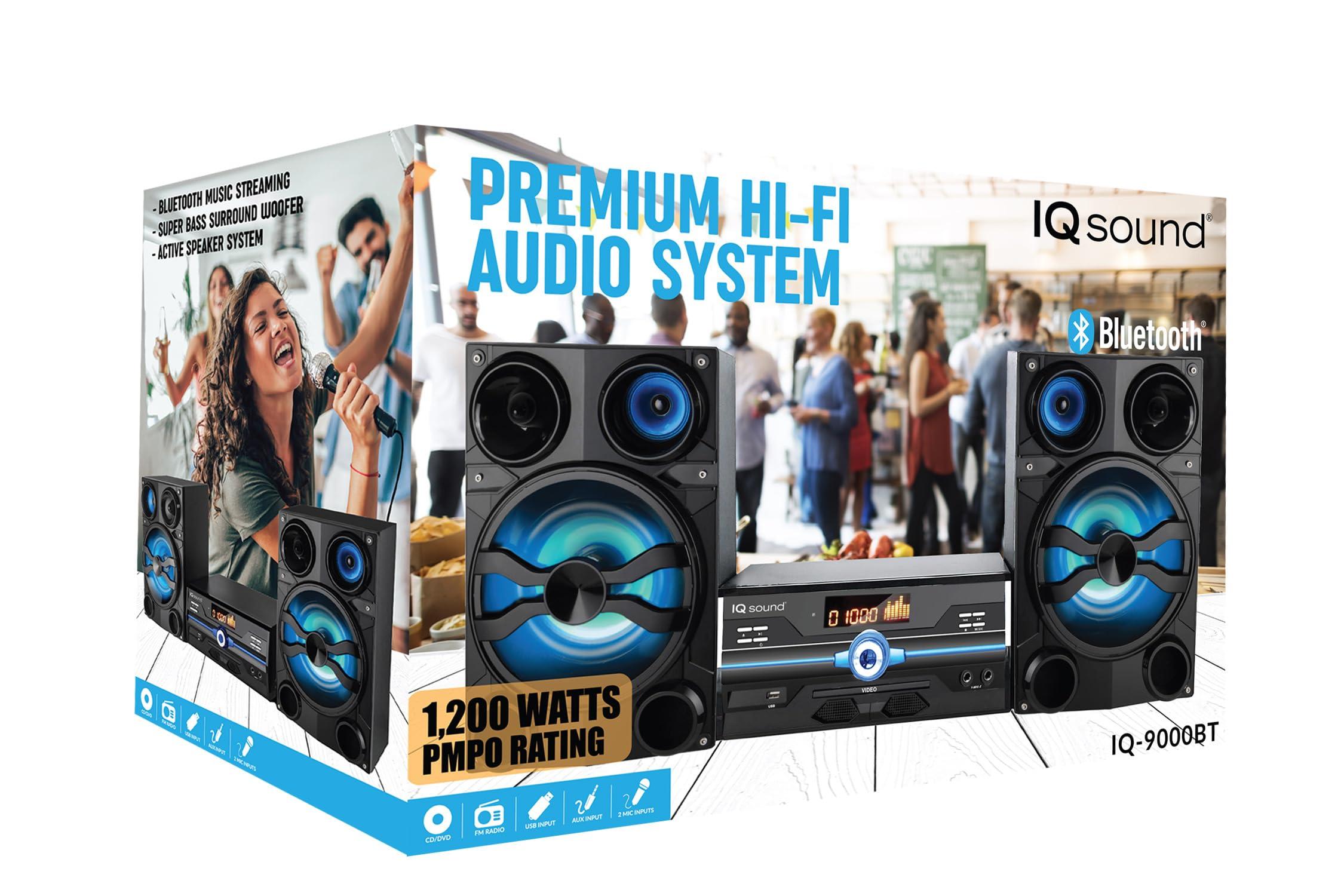 Supersonic IQ Sound IQ-9000BT Premium 160W Hi-Fi Audio System with Bluetooth, DVD/CD/MP3/WMA Compatible, USB, FM Radio, LED Display, Speaker Lights, Remote Control, 2 Microphone Inputs, AV Output, AUX Input