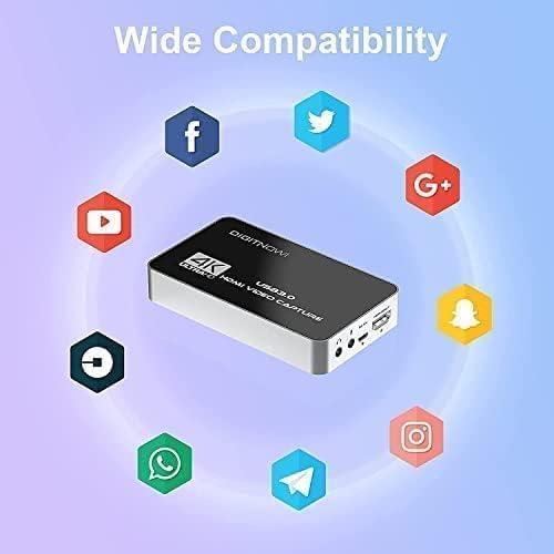 DigitPro Digitpro 4K HDMI Video Capture Card, USB 3.0 with Microphone and Earphone HDMI Loop-Out, 4k 60Hz Video Recorder for Broadcast Live, Record via DSLR, Camcorder, or Action Cam