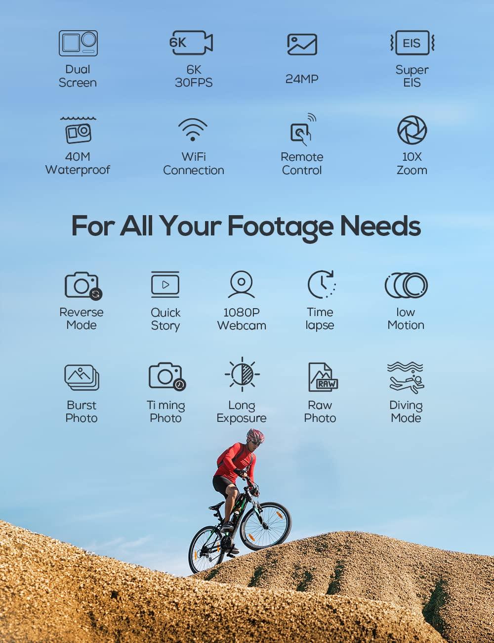 iZEEKER iZEEKER Action Camera 4K 60FPS with Touchscreen, 40M Underwater Camera Waterproof, Dual Screen Vlog Camera with EIS, WiFi, Remote Control with 2X 1350mAh Batteries, Battery Charger and Accessory Kit