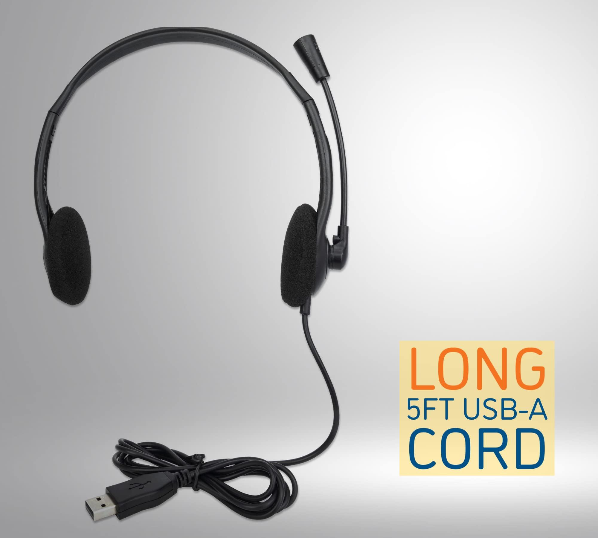 MANHATTAN MANHATTAN USB Headset with Mic Long 5 ft Cable Cord, Dual-Sided Padded On-Ear, Adjustable Headband Non Reversible (Left Side Mic Use Only) - for Desktop, Laptop, Computer 3 Yr Mfg Warranty-179898