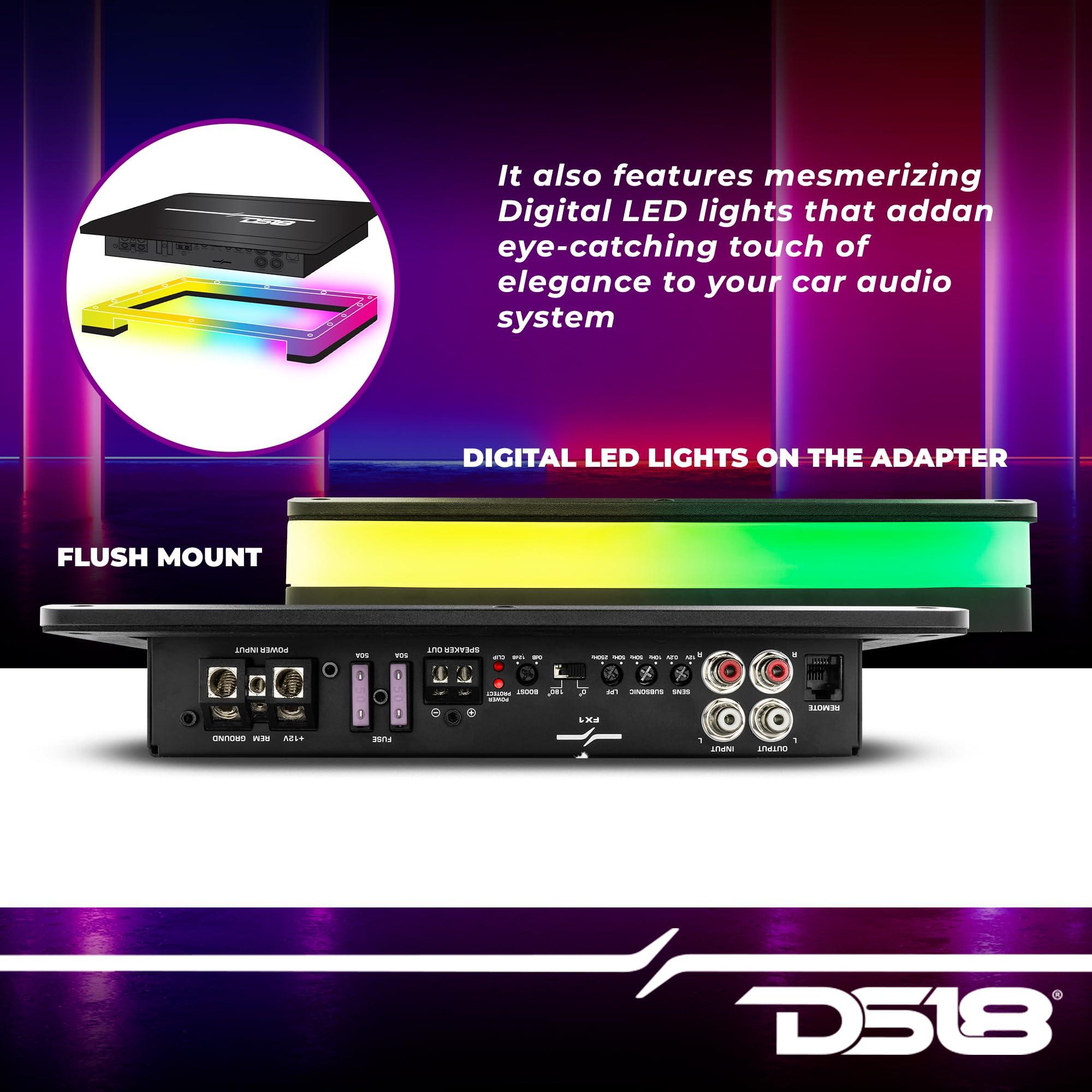 DS18 DS18 FX1 Monoblock Class D Amplifier with Flush/Surface Mount with RGB Dream LED Lights - Versatile Installation Options - Remote Subwoofer Level Control - 1 Channel Subwoofer Monoblock Amp 2700W Peak