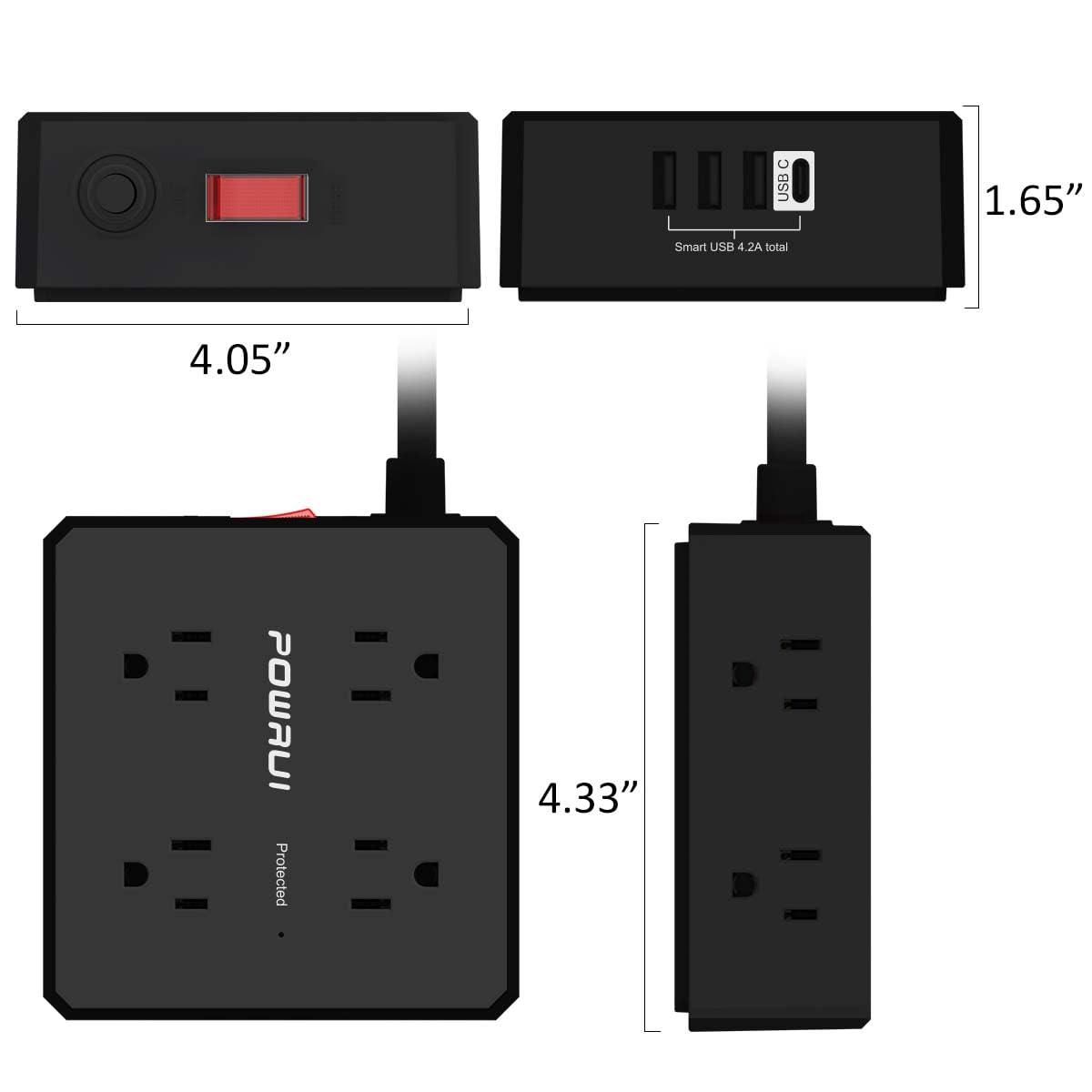 POWRUI Surge Protector Power Strip - 10 Ft Flat Plug Extension Cord with 8 Widely Outlets and 4 USB Ports(1 USB C), 3 Side Outlet Extender for Home Office, Black, ETL Listed