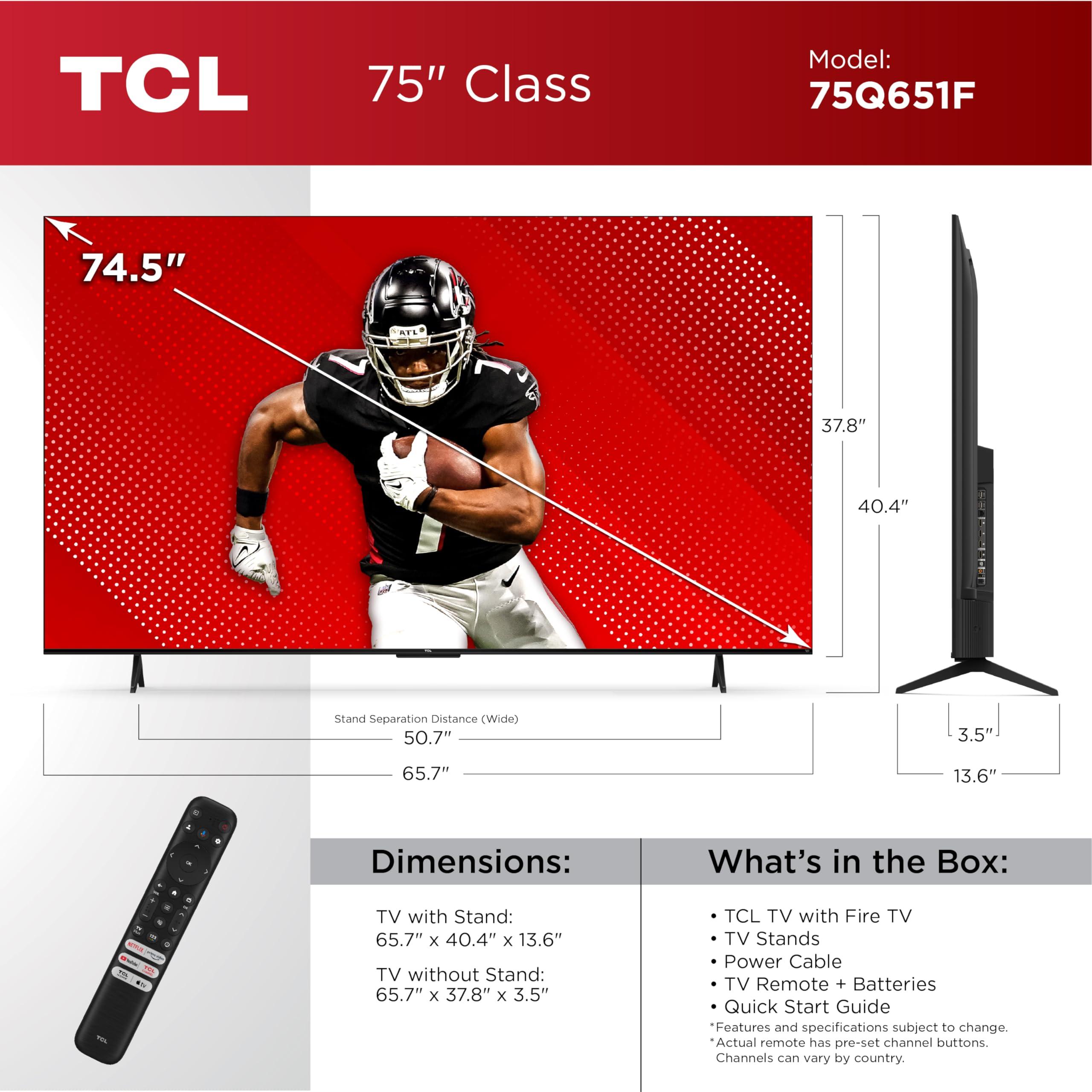 TCL TCL 75-Inch Class Q65 QLED 4K Smart TV with Fire TV (75Q651F, 2024 Model), Dolby Vision, HDR PRO+, Dolby Atmos, Alexa Built-in with Voice Remote, Apple AirPlay 2 Compatibility, Streaming Television