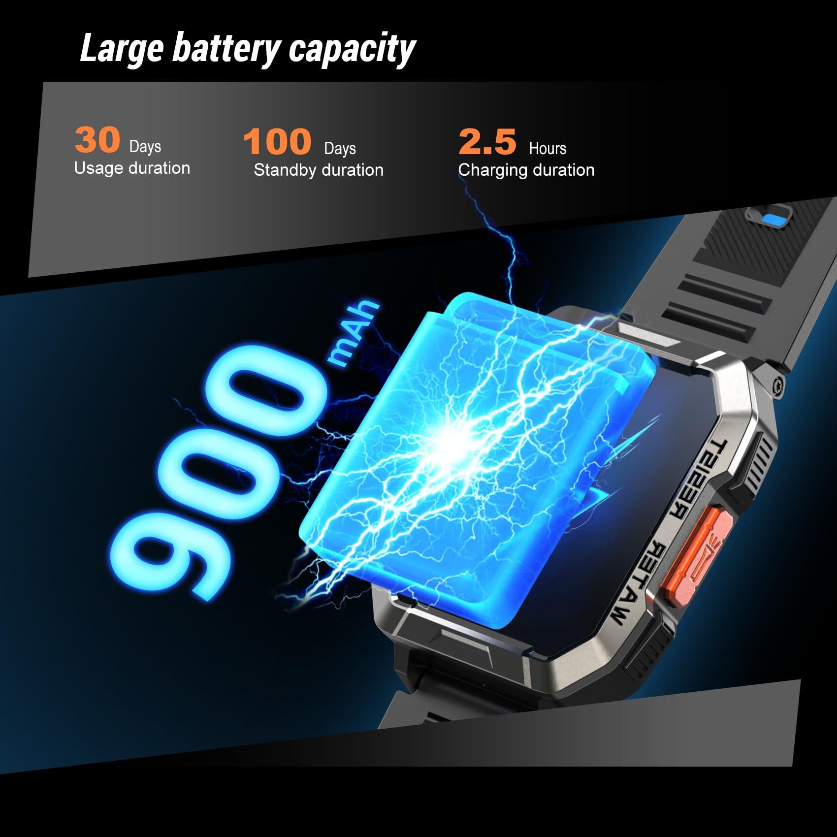 IOWODO Military Smart Watch for Men (Answer/Make Calls), 2.01'' Smart Watch for Android and iPhone, Fitness Tracker with Flashlight/Compass/100 Days Battery/Heart Rate/Sleep/100+ Sport Modes(2 Straps)