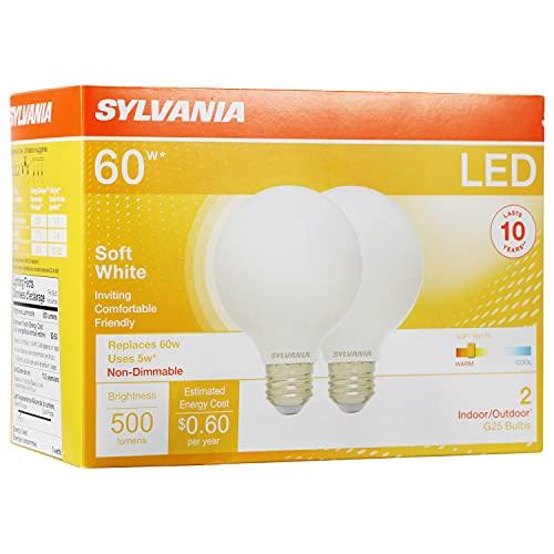 LEDVANCE SYLVANIA G25 Globe Décor LED Light Bulb, 60W Equivalent Efficient 5W, 10 Year, Non-Dimmable, 500 Lumens, 2700K, Soft White, Frosted - 2 Pack (40215)