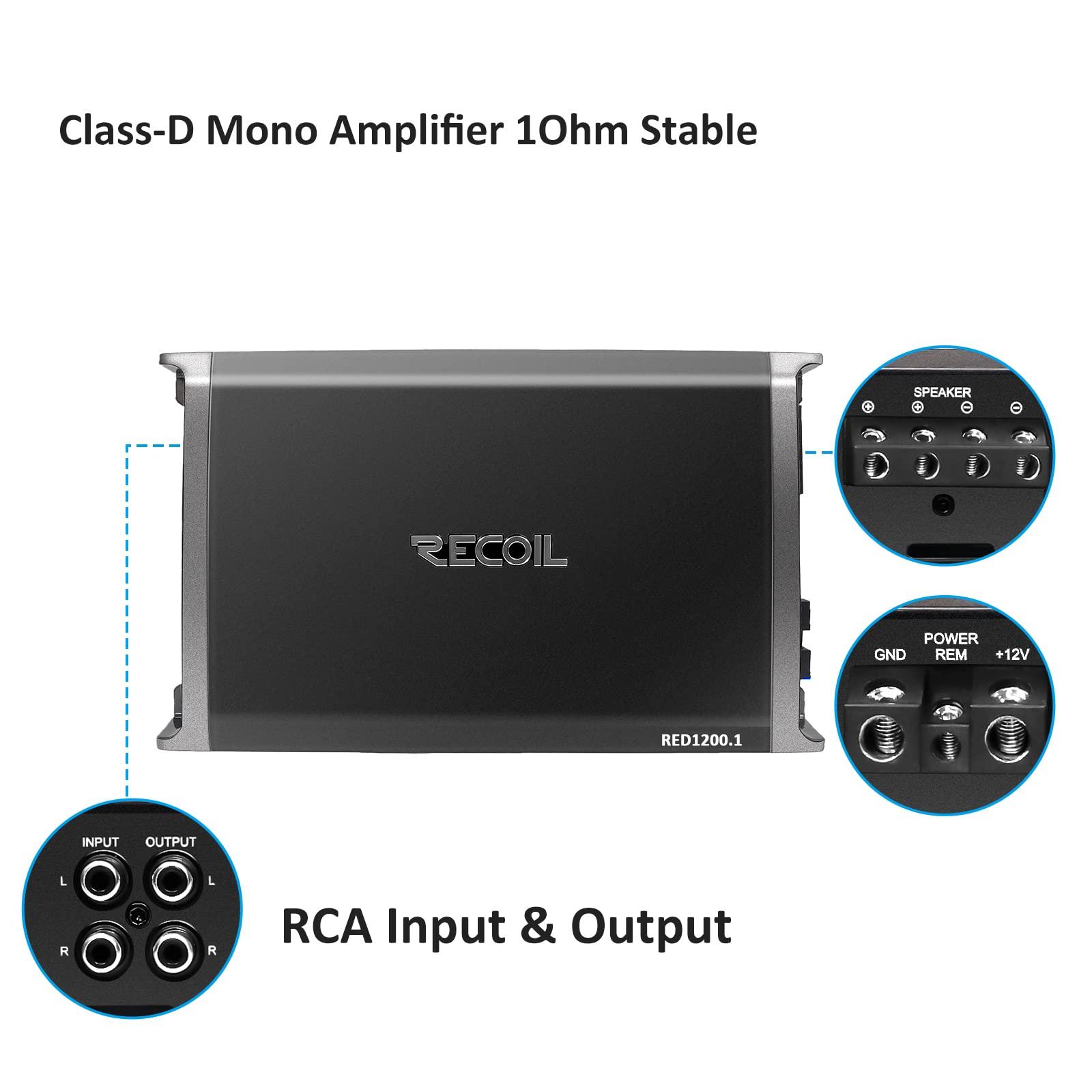 RECOIL Recoil RED1200-1 2500 Watts Class-D Strappable Car Audio Mono-Block Subwoofer Amplifier, 1 Ohm Stable, Remote Bass Knob Included