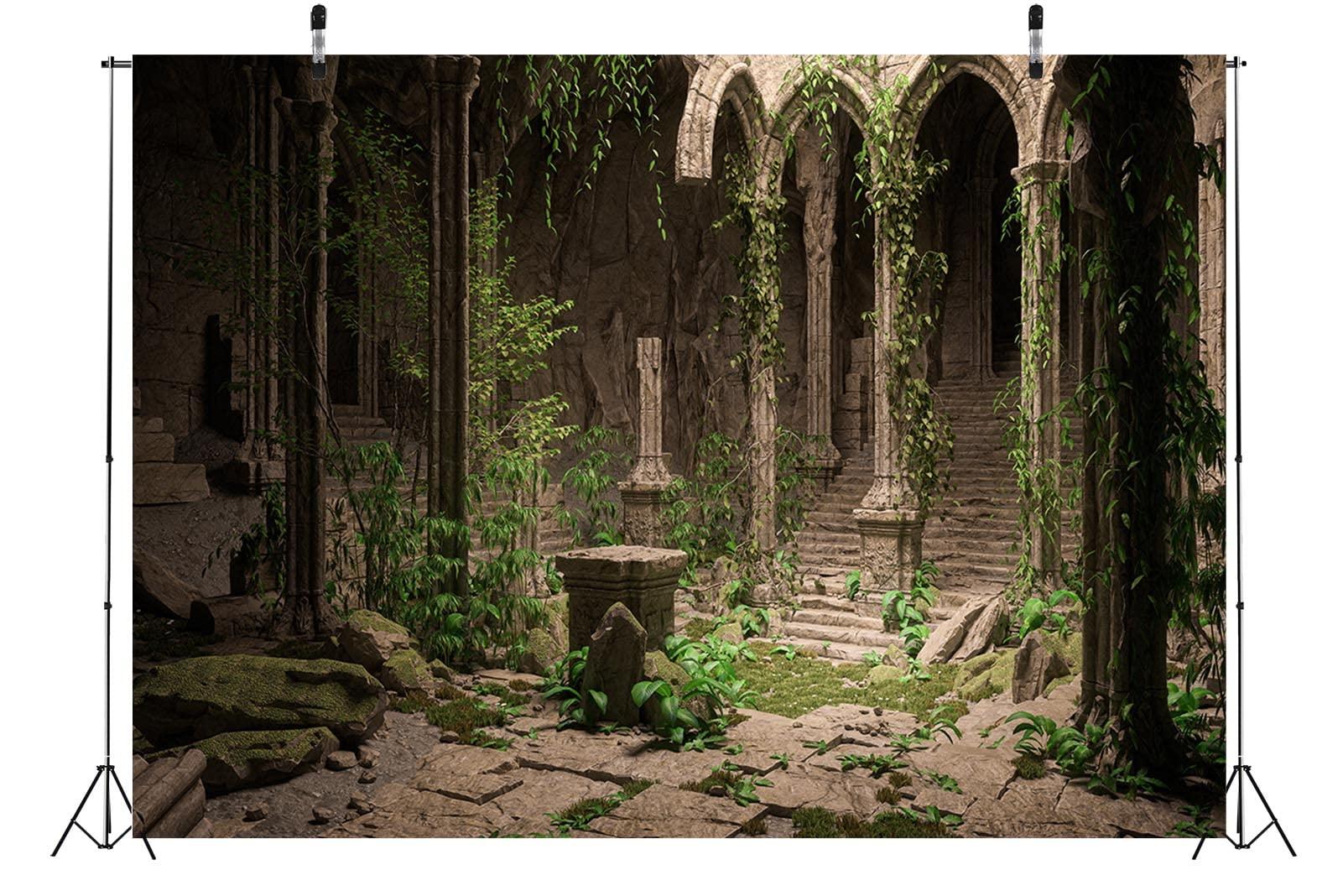 BELECO BELECO 10x8ft Fabric Fantasy Medieval Temple Backdrop for Photography Dark Mysterious Gothic Palace Castle Ruins Stairs Stone Arches Overgrown with Ivy Background for Party Decor Photo Studio Props