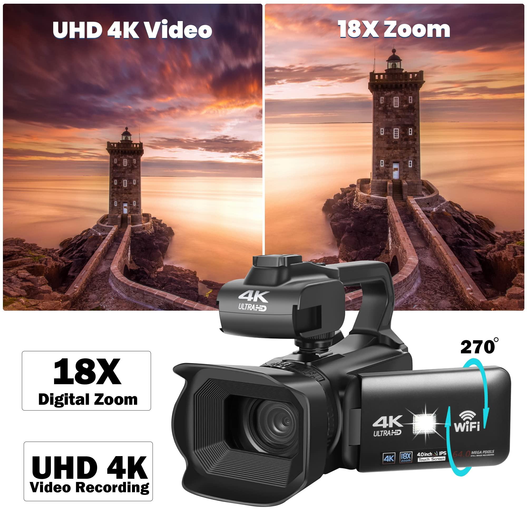 Lierhyt Lierhyt 4k Video Camera Camcorder with 18X Digital Zoom,64MP Vlogging Camera for YouTube,4.0-inch Rotating Touchscreen,64GB SD Card,Microphone,Remote Control,Durable Battery(Black)