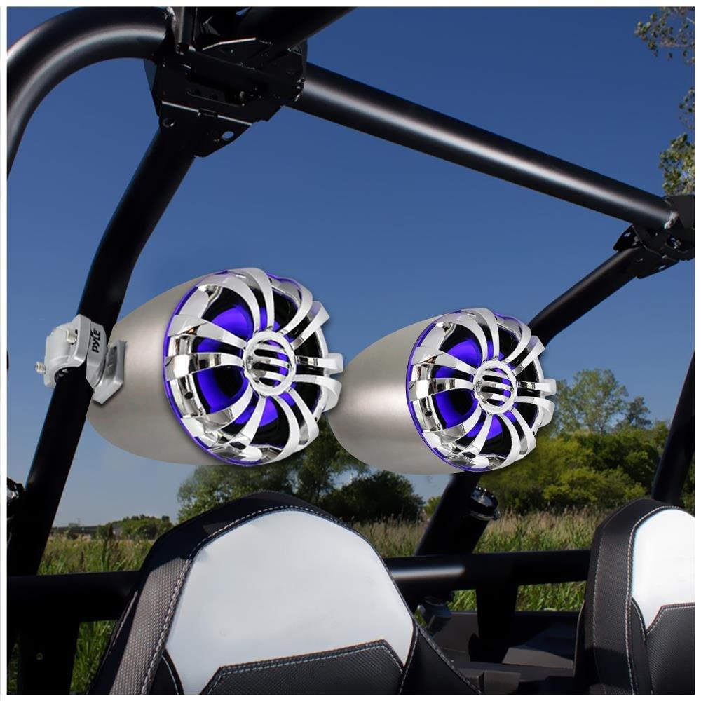 Pyle Pyle Marine Speakers - 5.25 Inch Waterproof IP44 Rated Wakeboard Tower and Weather Resistant Outdoor Audio Stereo Sound System with Built-in LED Lights - 1 Pair in Silver (PLMRWB50L)