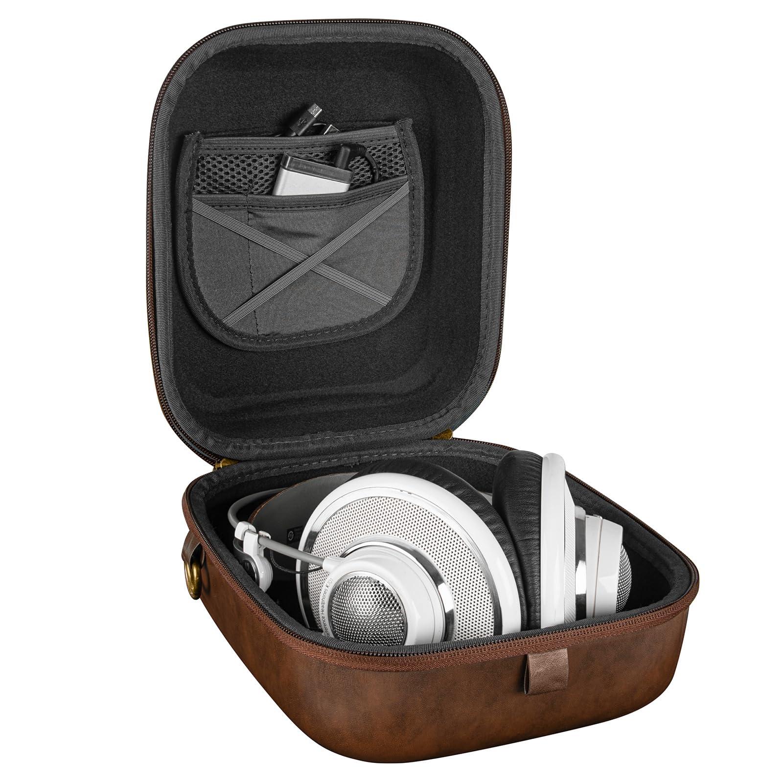 GEEKRIA Geekria Shield Case Compatible with AKG K701 Ultra, Pro Audio K702, K72, Pro Audio K72 Headphones, Replacement Hard Shell Travel Carrying Bag with Cable Storage (Brown Vegan Leather)