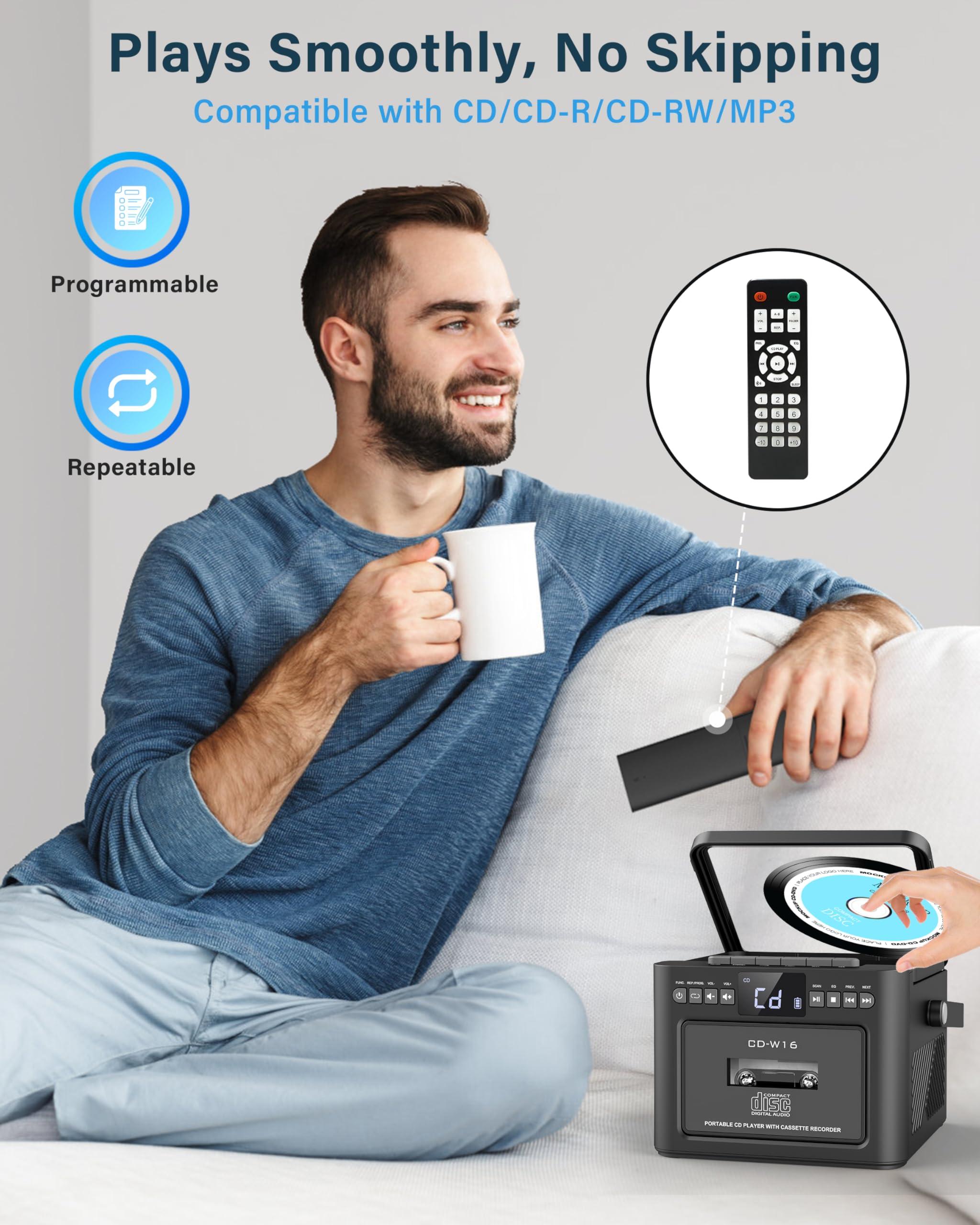 Greadio Greadio Boombox CD and Cassette Player Combo, 5000mAh Rechargable CD Player Boombox with Bluetooth Receive/Transmit/FM Radio/USB/TF/AUX/Remote Control, Boom Box CD Cassette Player for Home Outdoor