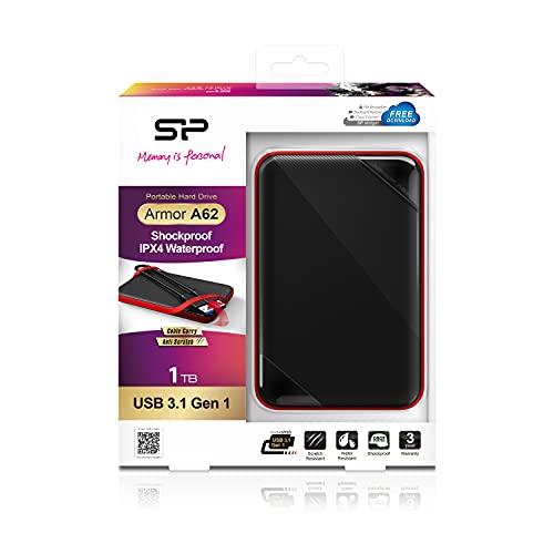 SP Silicon Power SP010TBPHD62SS3K Silicone Power Portable Hard Drive 1TB 2.5 Inch USB 3.1 Gen 1 Compatible IPX4 Equivalent Waterproof Shockproof Slim Type A62 Series 3 Year Warranty