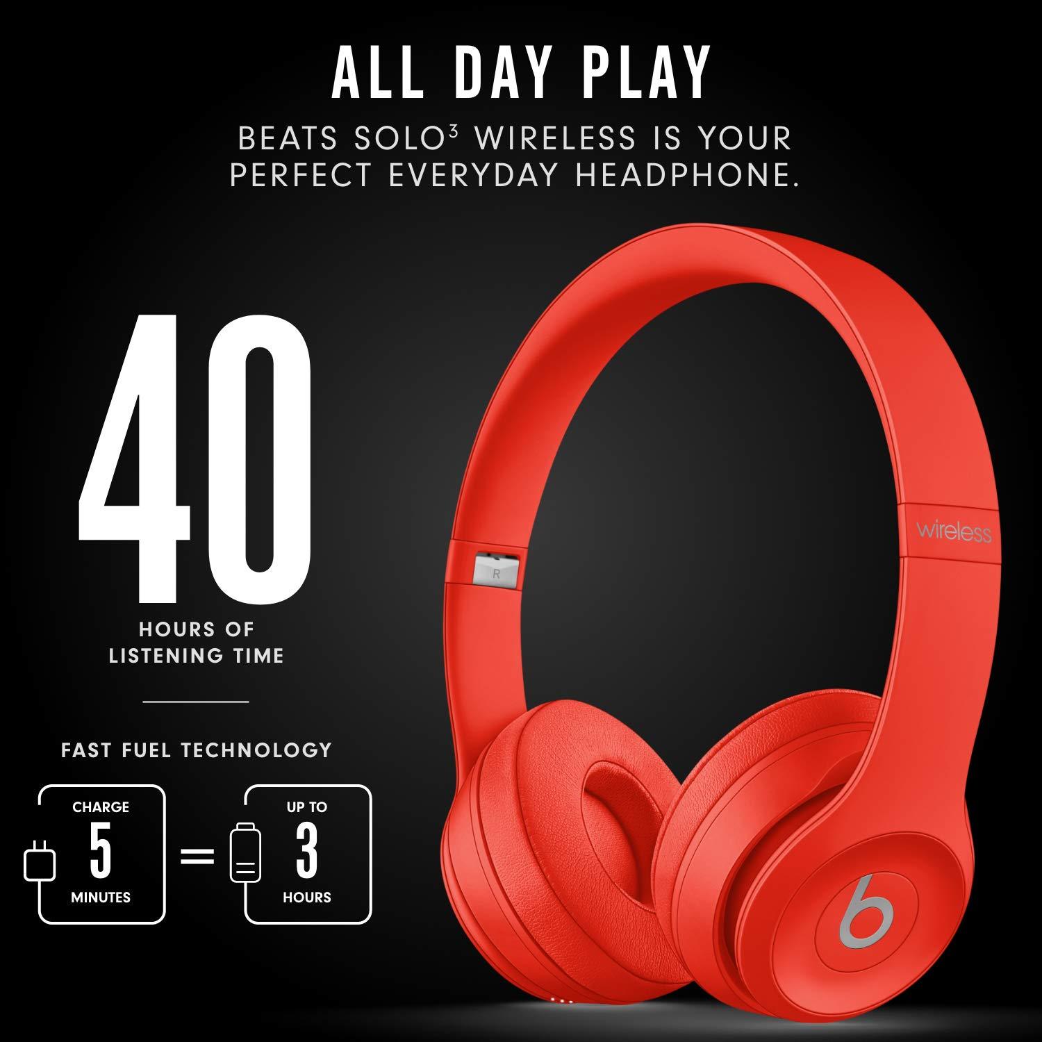 Beats Beats Solo3 Wireless On-Ear Headphones - Apple W1 Headphone Chip, Class 1 Bluetooth, 40 Hours of Listening Time, Built-in Microphone - Red