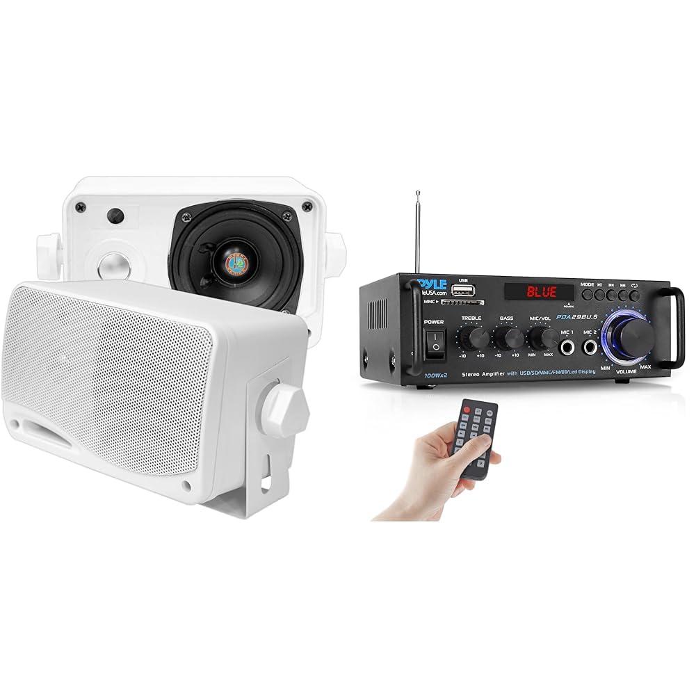 Pyle Pyle 3-Way 200W Outdoor Speakers and Bluetooth Stereo Amplifier Bundle
