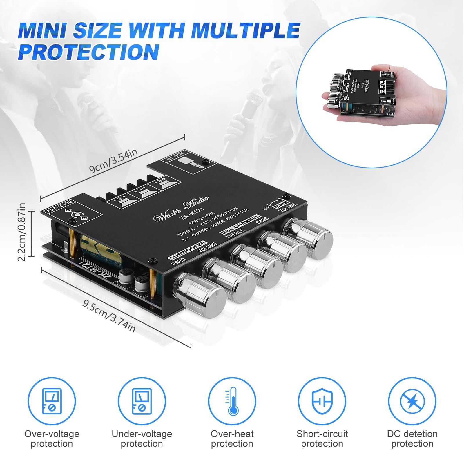 ARRAROWN Bluetooth 5.0 Audio Amplifier Board, ZK-MT21 2.1 Channel 50W X 2 +100W Mini Subwoofer Power Amp HiFi Digital Audio Amp Module for Home Speakers(20-100W, 4-8Ohms), DC 12-24V, BT AUX Input
