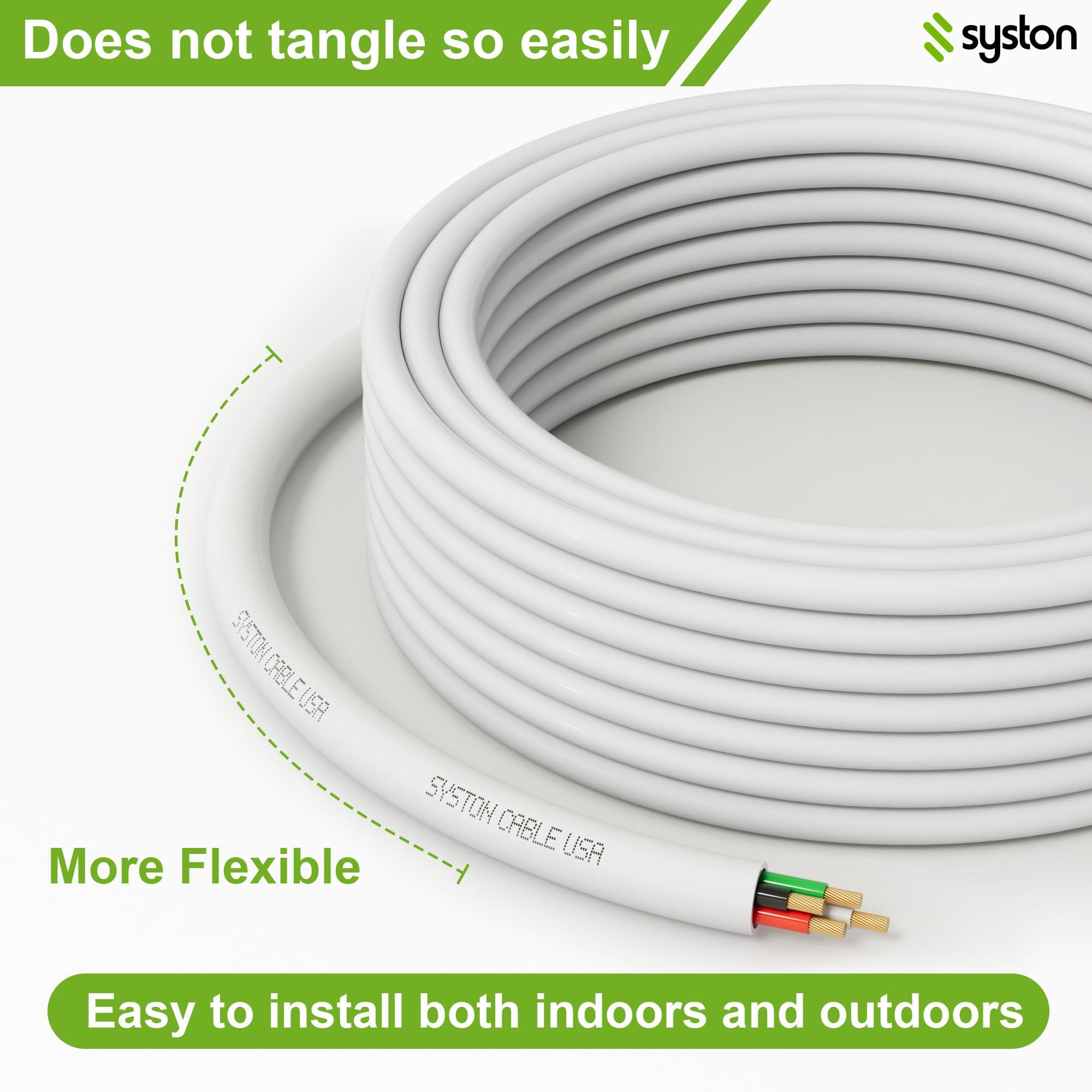 Syston Cable Technology SYSTON 14/4 Speaker Audio Cable Wire Bulk, 14AWG 4C Strand OFC - Oxygen Free Copper Conductors, CMR Riser-Rated Indoor/Outdoor UV Resistant RoHS Compliant for Home Theater Car Speakers, White 100 FT