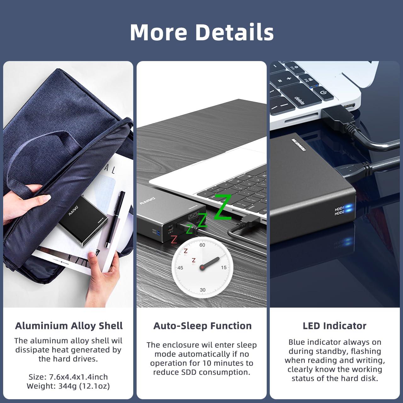 MAIWO MAIWO Dual Bay Hard Drive RAID Enclosure for 2.5 Inch SATA SSD HDD, RAID 0/RAID 1/JBOD/PM, USB 3.0 6Gbps with UASP, 16TB Capacity, External HDD Bay Aluminum