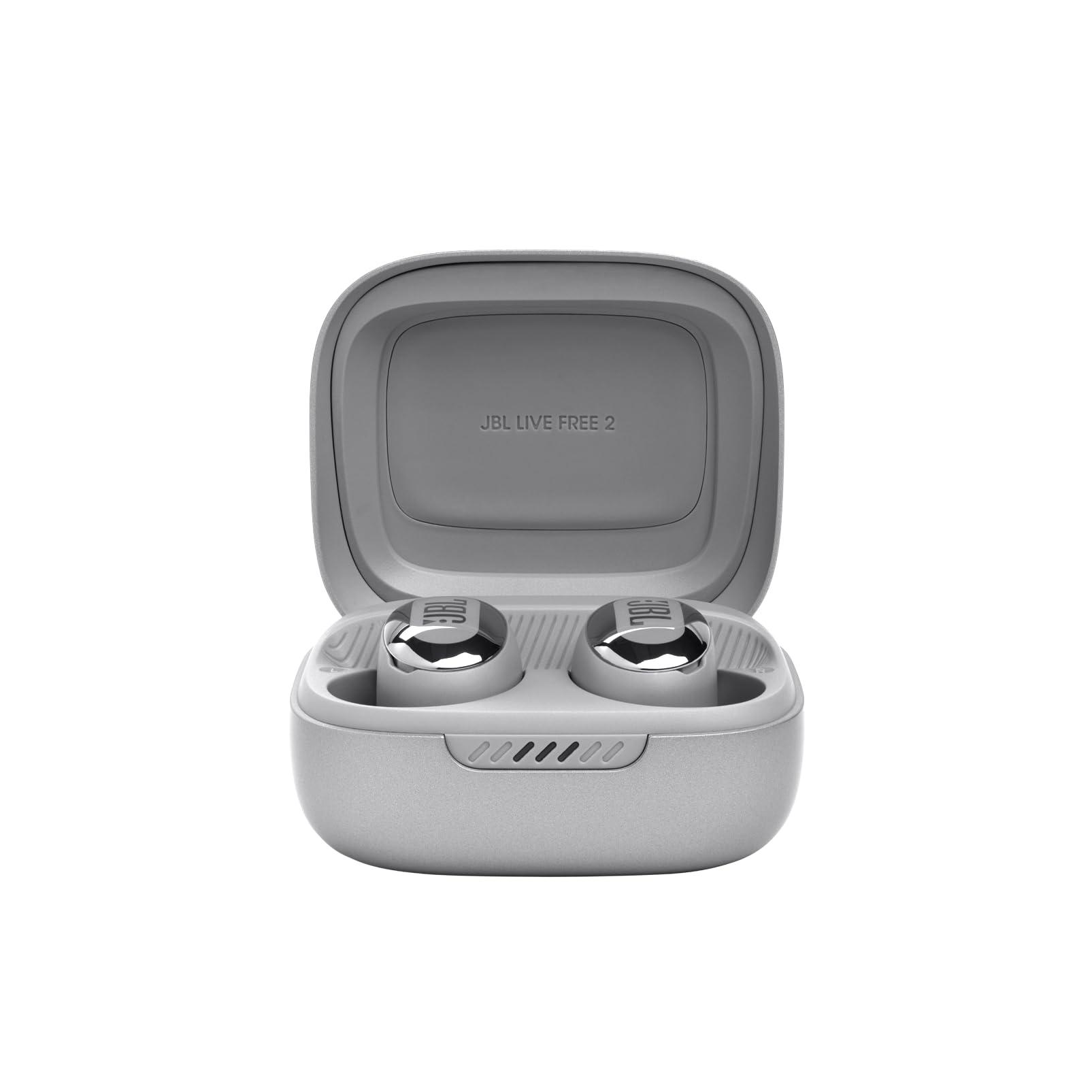 JBL JBL Live Free 2 - True Wireless Noise Cancelling Earbuds, Up to 35hrs of Playtime, 6 mics for Perfect Calls with Zero Noise, IPX5 Waterproof, Oval Tubes for Better Comfort, Isolation, & bass (Silver)