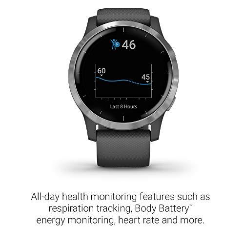 Garmin Garmin 010-02174-01 vivoactive 4, GPS Smartwatch, Features Music, Body Energy Monitoring, Animated Workouts, Pulse Ox Sensors and More, Silver with Gray Band