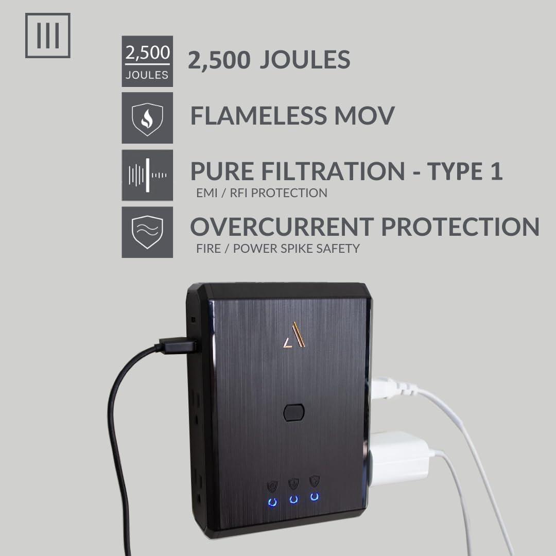 AUSTERE Austere III Series Outlet Extender Wall Charger, 4 Wide Outlets Surge Protector Power Strip, 1 USB C & 1 USB A 2.4 amp Ports | 2500 Joules Multi Plug, EMI/RFI Filtering, 4 Year Component Guarantee