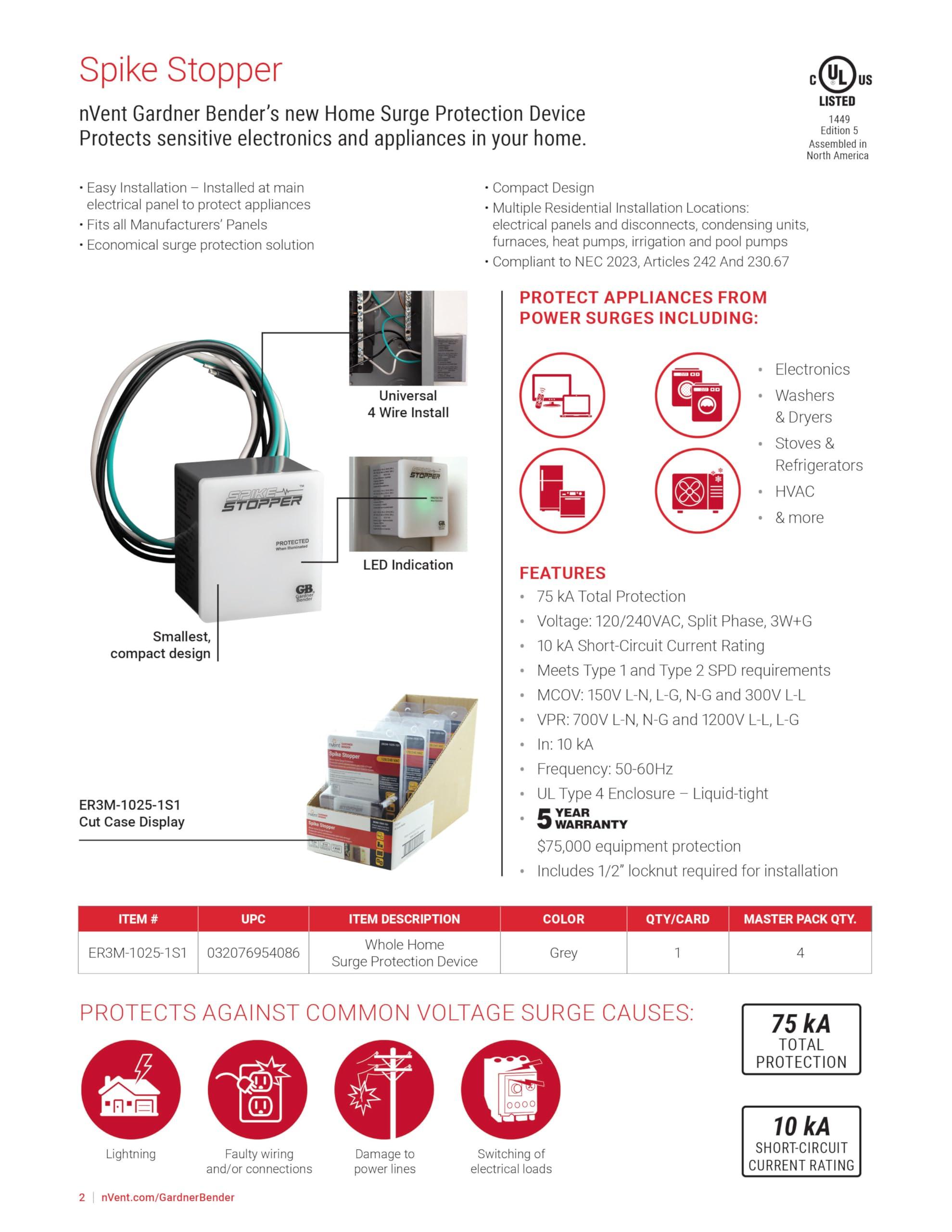 Gardner Bender SpikeStopper Whole Home Type 1/Type 2 SPD Surge Protection Device to Protect Appliances from Power Surges with 75 kA Total Protection; Universal 4-Wire Installation; Compliant to NEC 2023