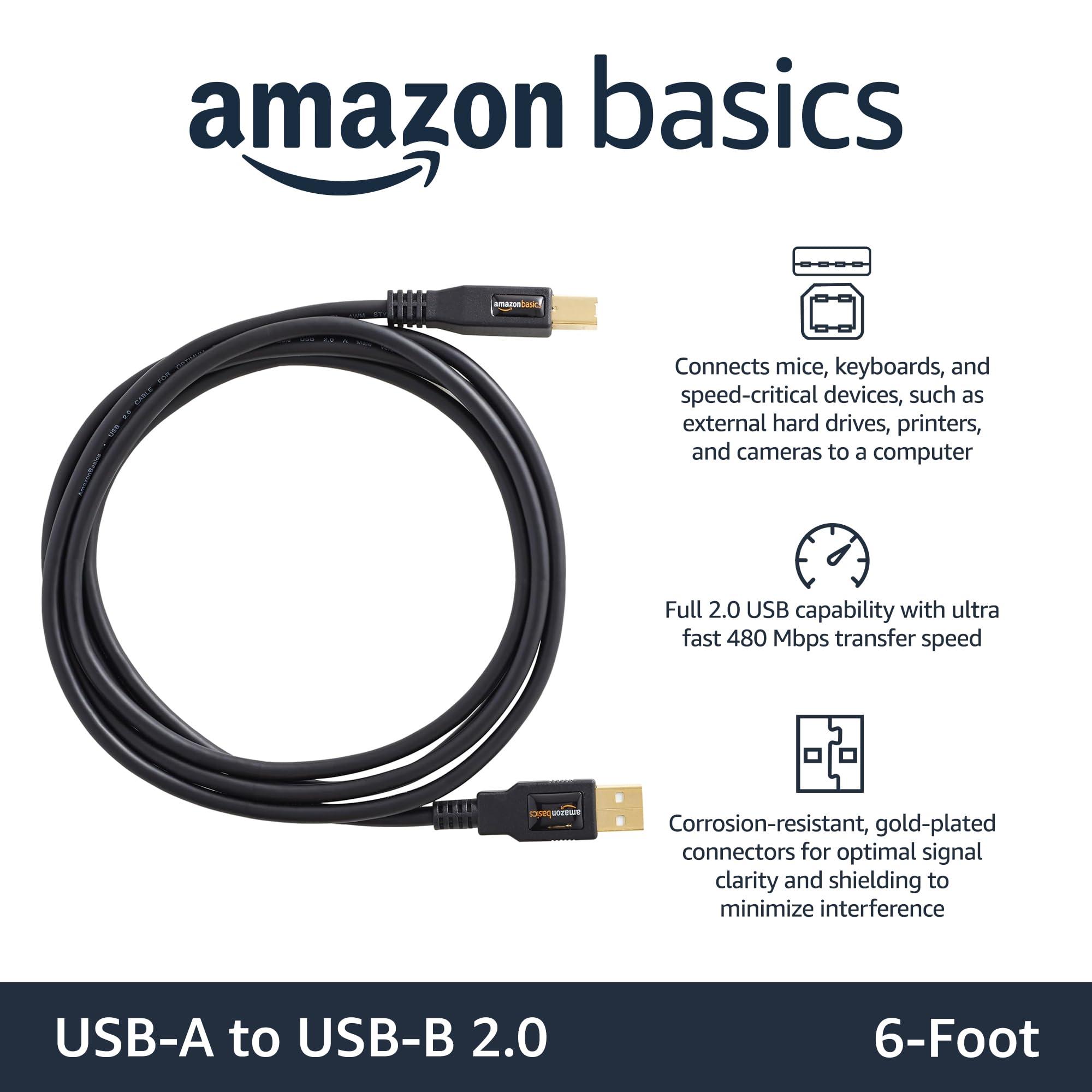 Amazon Basics Amazon Basics USB-A to USB-B 2.0 Cable with 480 Mbps Transfer Speed for Printer or External Hard Drive, Gold-Plated Connectors, 6 Foot, Black