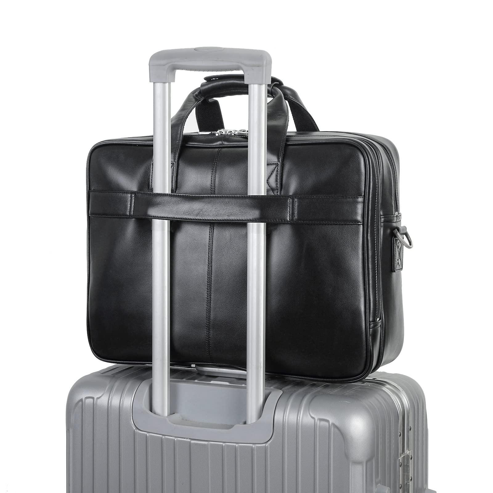 POLARE ORIGINAL Polare Napa Leather Laptop Briefcase - Business Travel Shoulder Bag for Men - Fits 17.3" Laptop (Black)