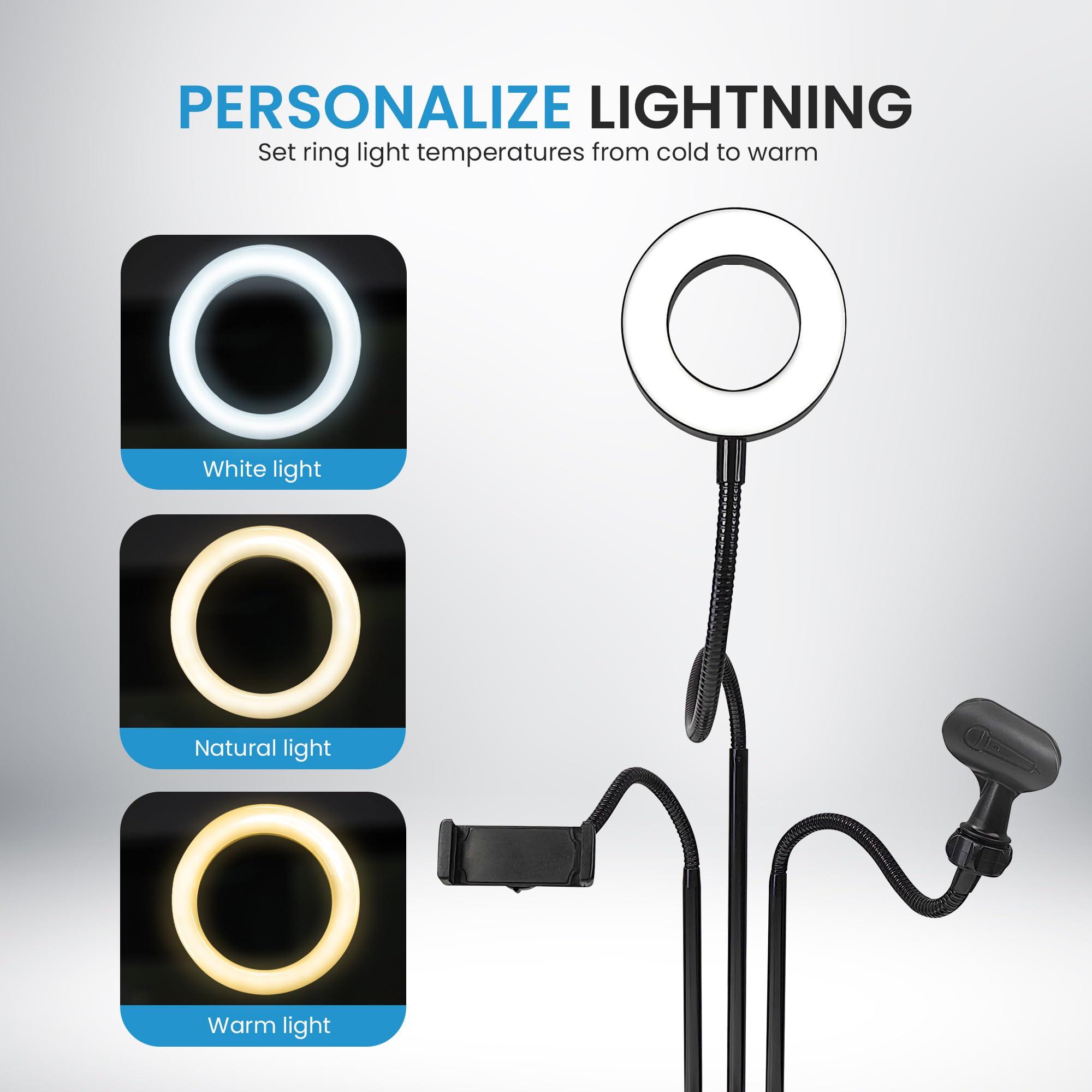 IDANCE iDance LED Ring Light with Stand, 3.5", Portable Desk Ring Light with Cell Phone Mount, Microphone Holder and Tripod for Laptop, Selfie, USB Powered & Remote with Foldable & Adjustable Stand