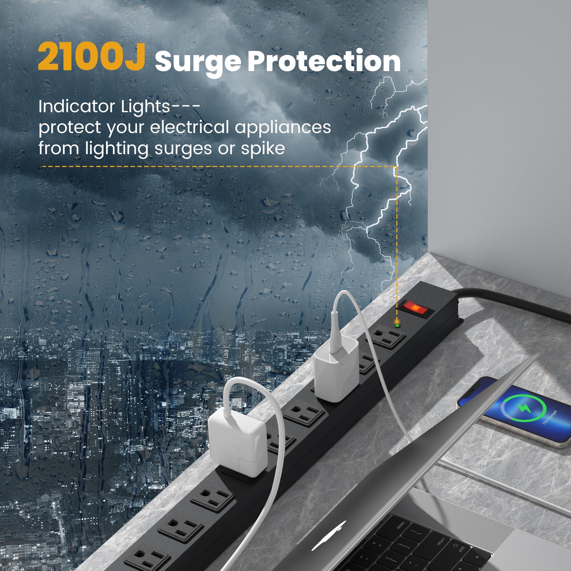 CFMASTER 12 Outlet Long Power Strip Surge Protector with 2100 Joules, 3FT Power Cord, Wide Spaced Outlet Power Bar, Overload Protection Switch, Industrial Heavy Duty for Work Bench, Shop, Garage (Black)