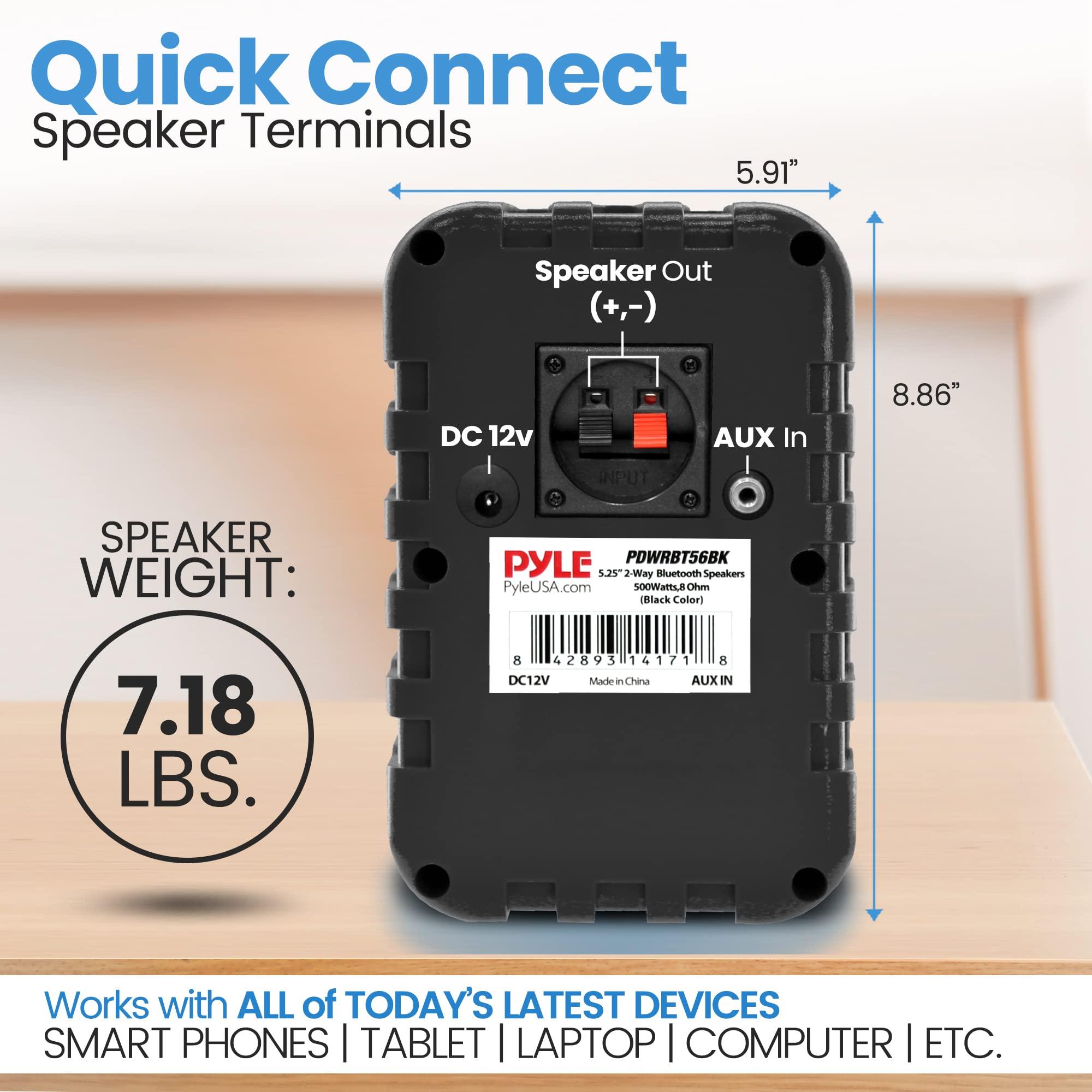 Pyle PyleUsa Bluetooth Indoor Outdoor Speakers Pair - 500 Watt Dual Waterproof 5.25 2-Way Full Range Speaker System w/ 1/2 High Compliance Polymer Tweeter - Home, Boat,Deck, Patio, Poolside - PDWRBT56BK