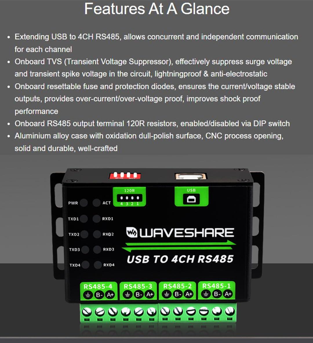 waveshare waveshare Industrial USB to RS485 Converter Extending USB to 4CH RS485, 1200bps ~ 460800bps Baudrate, Transmission Distance up to 1.2km, Compatible with Win7/8/8.1/10/11, Mac, Linux, Android,etc