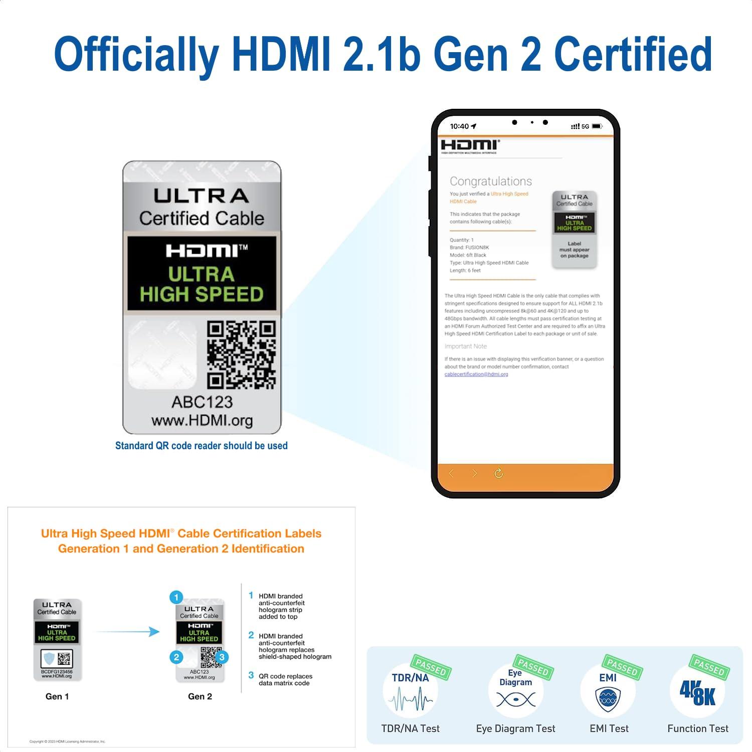 Fusion8K Fusion8K HDMI 2.1 Certified Cable Supports 10K 8K @60Hz and 4K @120Hz Compatible with All TVs, BluRay, Xbox Series X, PS5 (6 Feet)