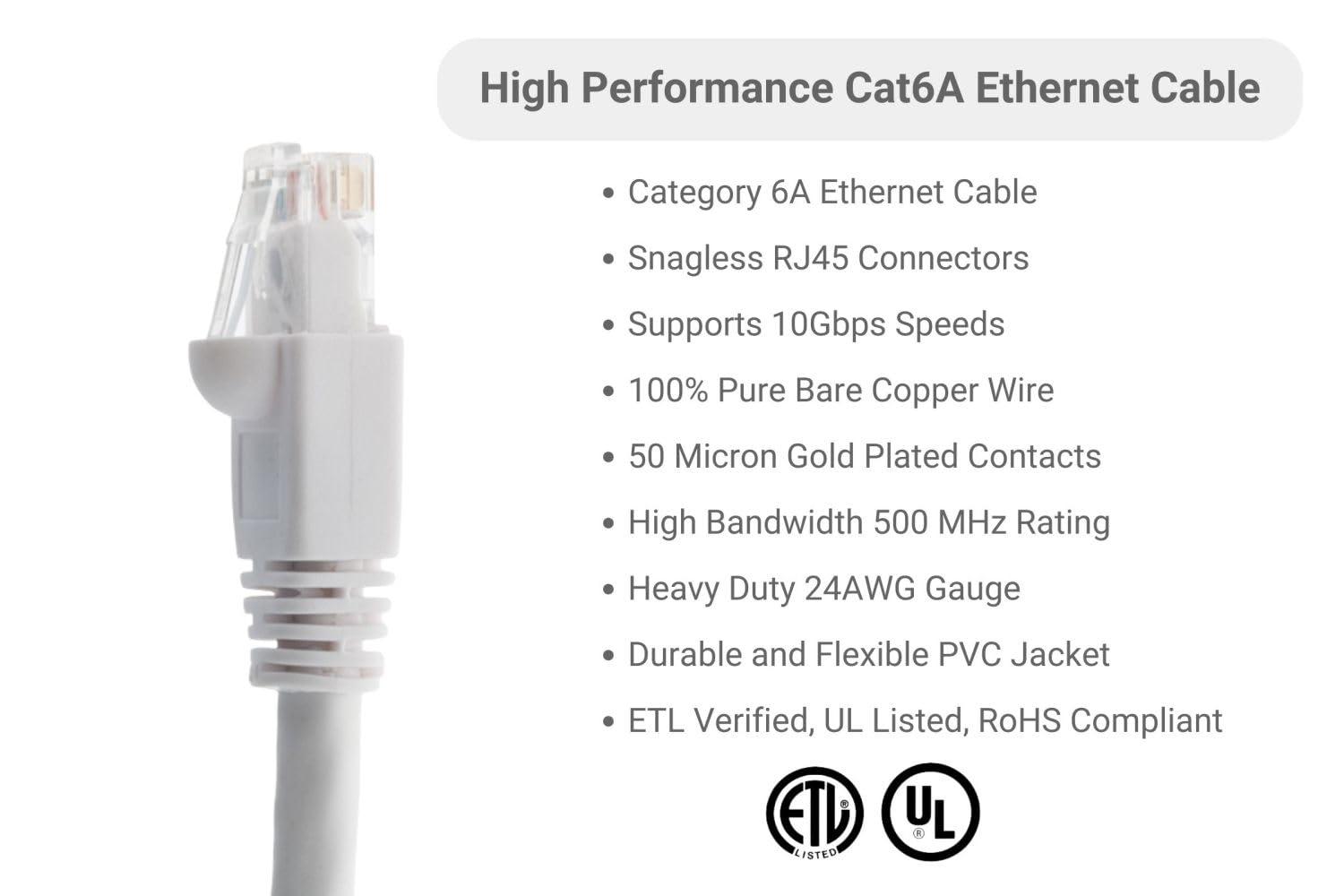 CablesAndKits CablesAndKits - Cat6a Ethernet Cable, Booted, Jacket: PVC (CM), 3 ft, White, Pure Copper, RJ45 Computer & Networking Patch Cord