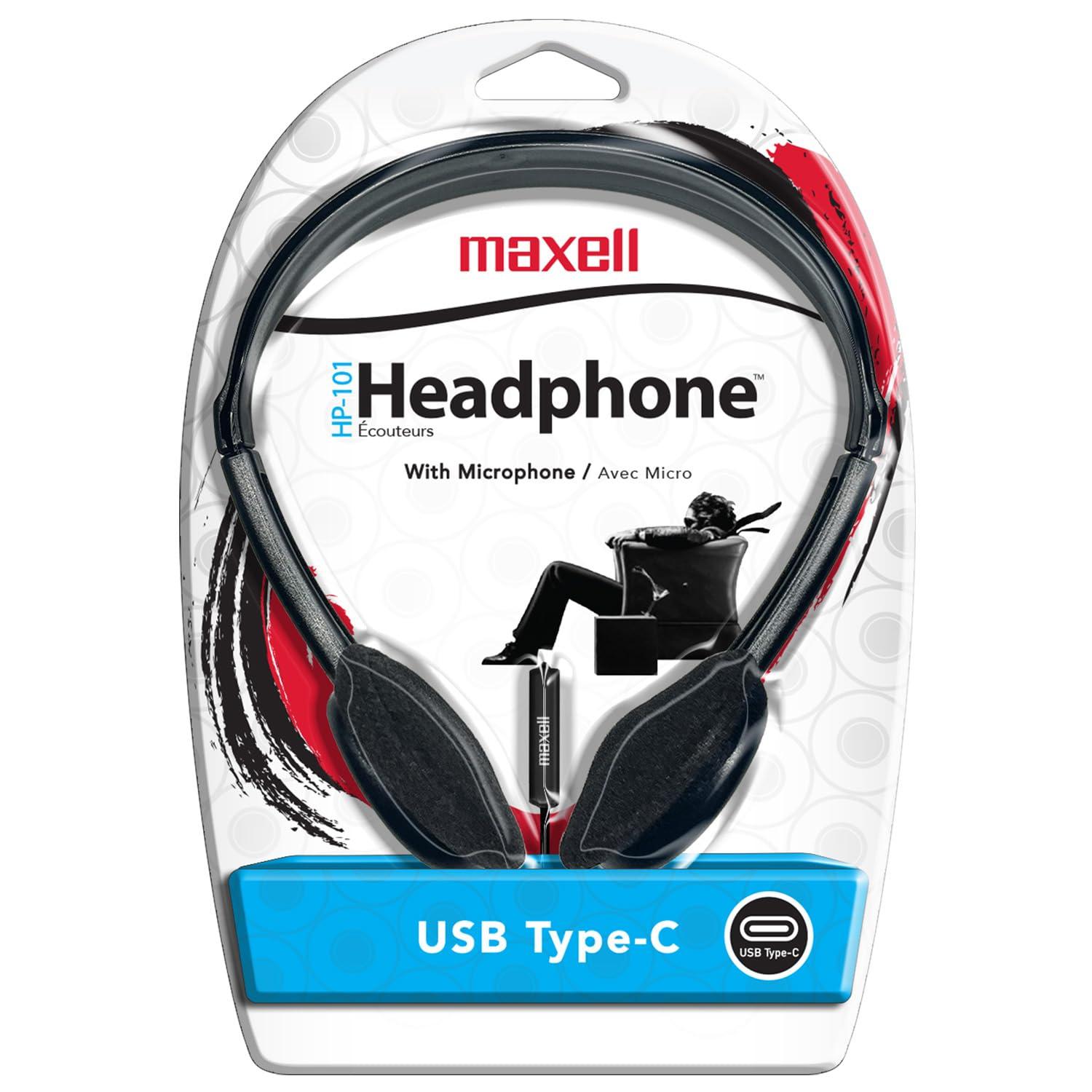 Maxell Maxell HP101 Type-C Lightweight Headphones, Built-in Microphone, Adjustable Headband, 6 Foot Cord, 197236, Black