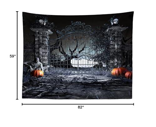 BELECO BELECO 7x5ft Fabric Halloween Backdrops for Photography Horror Night Creepy Graveyard Gate with Zombie, Pumpkins Ghost Background for Halloween Party Decorations Banner Photo Studio Booth Props